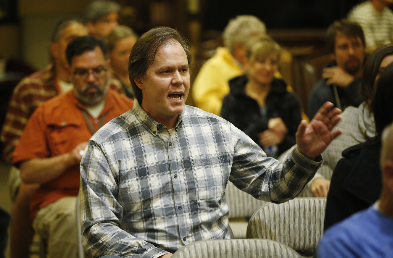 Resident Chris Derbidge makes a point about crime during the Ballpark Community Council meeting in Salt Lake City on Thursday, Nov. 2, 2017. Photo: Jeffrey D. Allred, KSL
