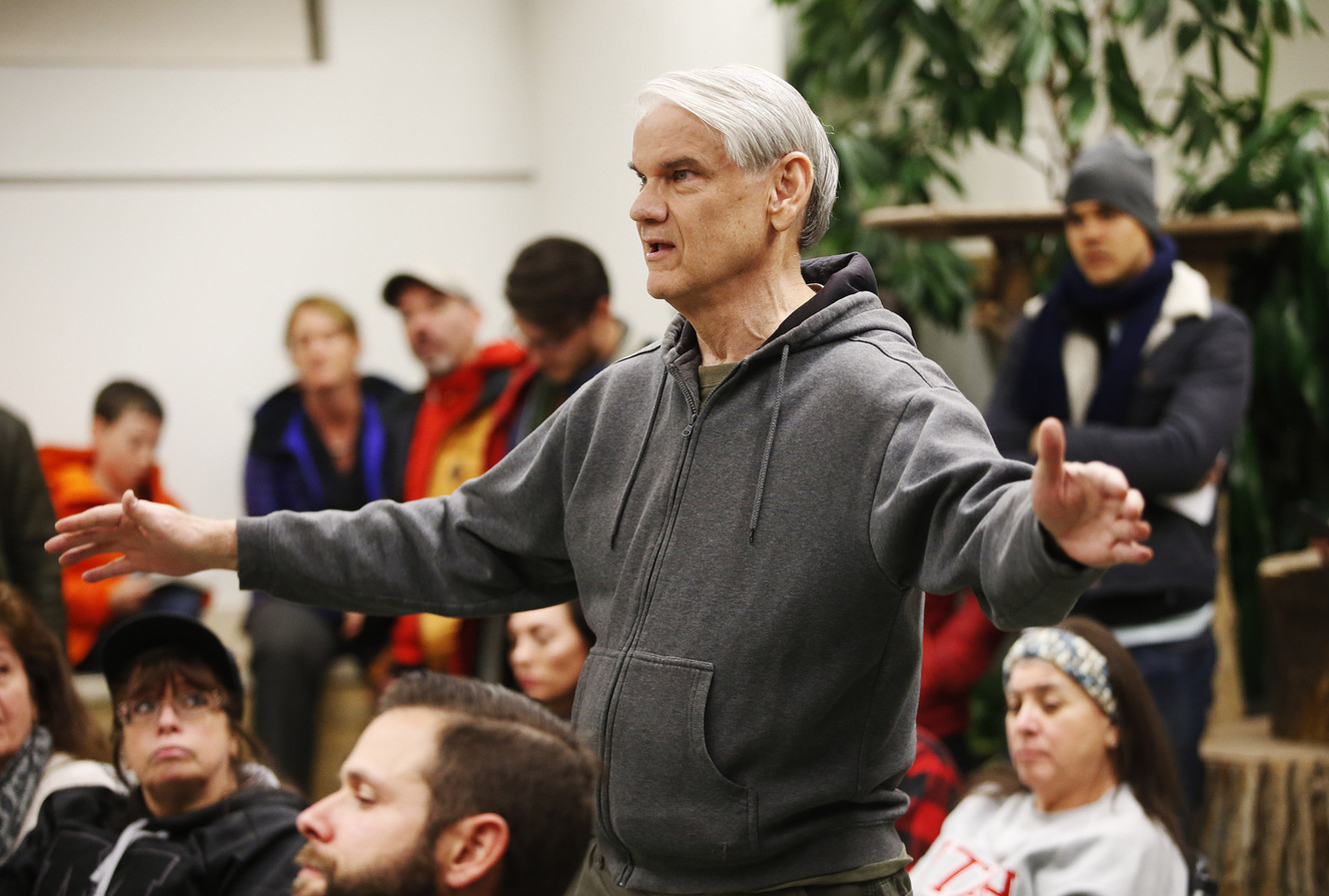 Andy Eatchel makes his point during the Liberty Wells Community Council meeting about ripple effects from Operation Rio Grande in Salt Lake City on Wednesday, Nov. 8, 2017. (Photo: Jeffrey D. Allred, KSL)