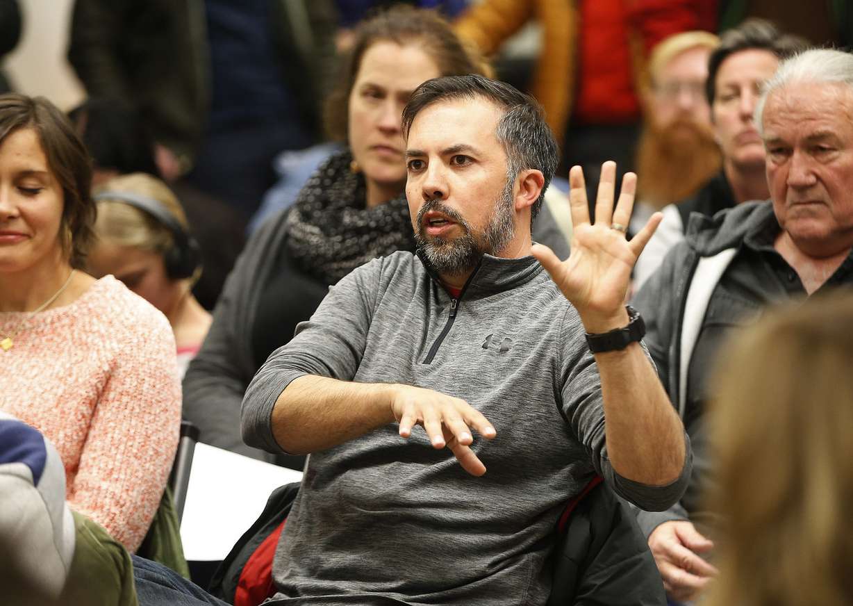 Christopher Sanchez asks a question for Mayor Jackie Biskupski and Salt Lake Police Chief Mike Brown during the Liberty Wells Community Council meeting about ripple effects from Operation Rio Grande in Salt Lake City on Wednesday, Nov. 8, 2017. (Photo: Jeffrey D. Allred, KSL)