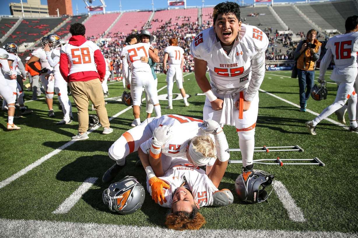 Skyridge celebrates their win over Corner Canyon in a 5A football semifinal game at Rice-Eccles Stadium in Salt Lake City on Thursday, Nov. 9, 2017. (Photo: Spenser Heaps, KSL)