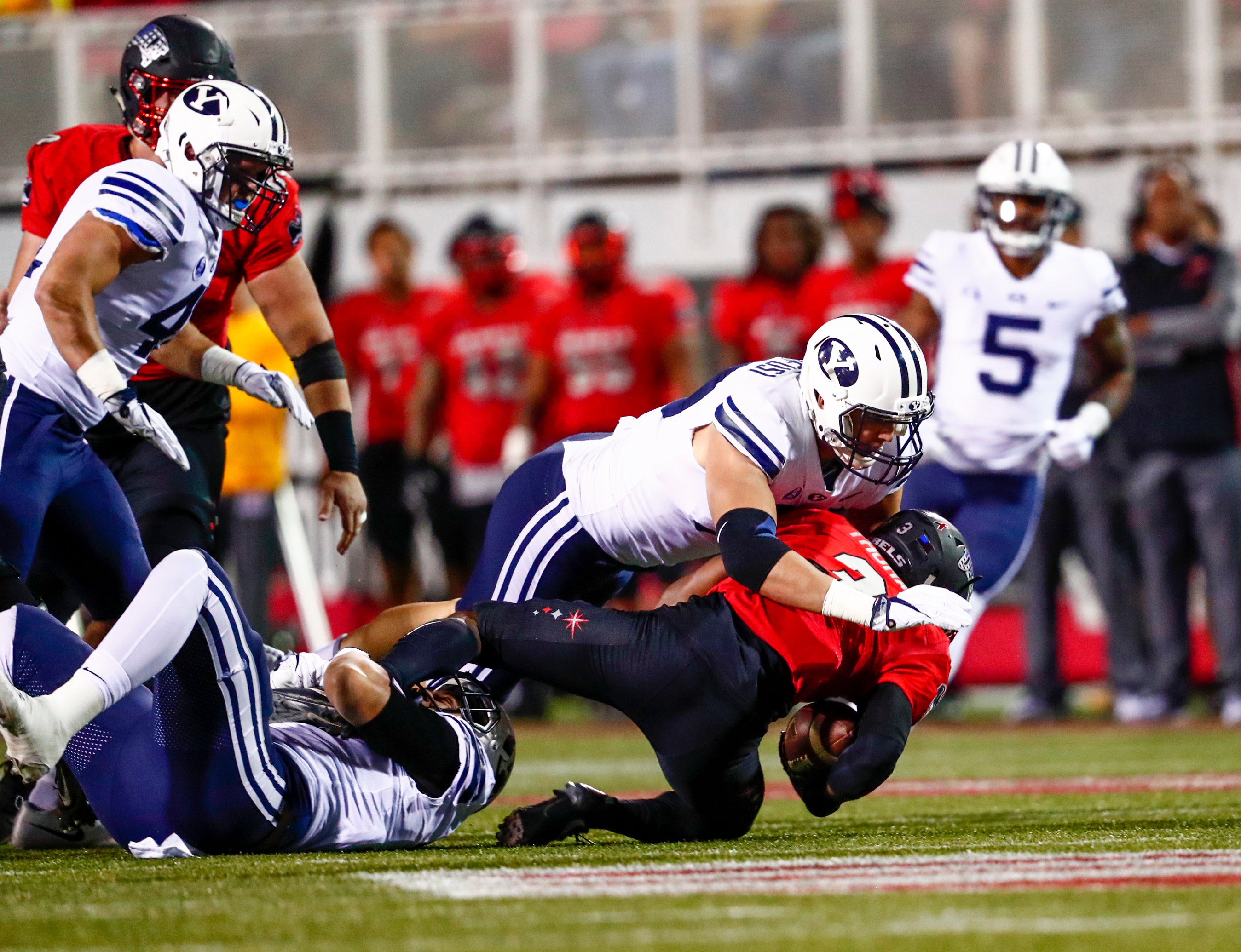 BYU's Corbin Kafusi makes tackle during game against UNLV on Friday, Nov. 10, 2017, in Las Vegas. (Courtesy: BYU Photo)