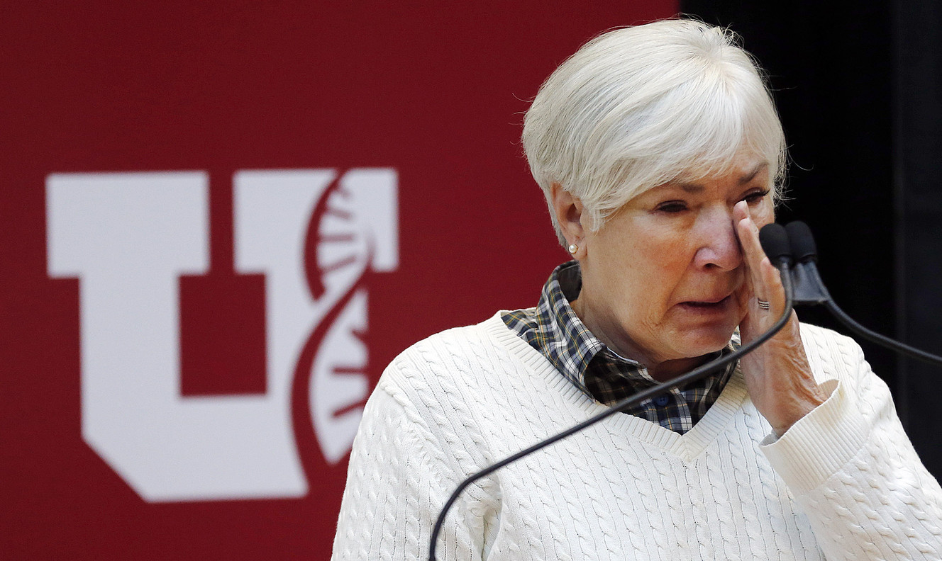 Gail Miller wipes away a tear while speaking during a ceremony at University Hospital in Salt Lake City on Monday, Nov. 13, 2017, in which the Larry H. and Gail Miller Foundation donated $5.3 million to the University of Utah to establish a diabetes prevention program called "Driving Out Diabetes: A Larry H. Miller Family Wellness Initiative." (Photo: Ravell Call, KSL)