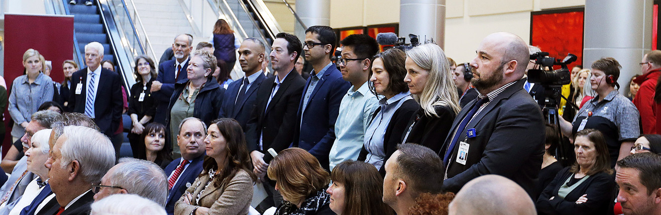 Diabetes researchers stand to be recognized during a ceremony at University Hospital in Salt Lake City on Monday, Nov. 13, 2017, in which the Larry H. and Gail Miller Foundation donated $5.3 million to the University of Utah to establish a diabetes prevention program called "Driving Out Diabetes: A Larry H. Miller Family Wellness Initiative." (Photo: Ravell Call, KSL)