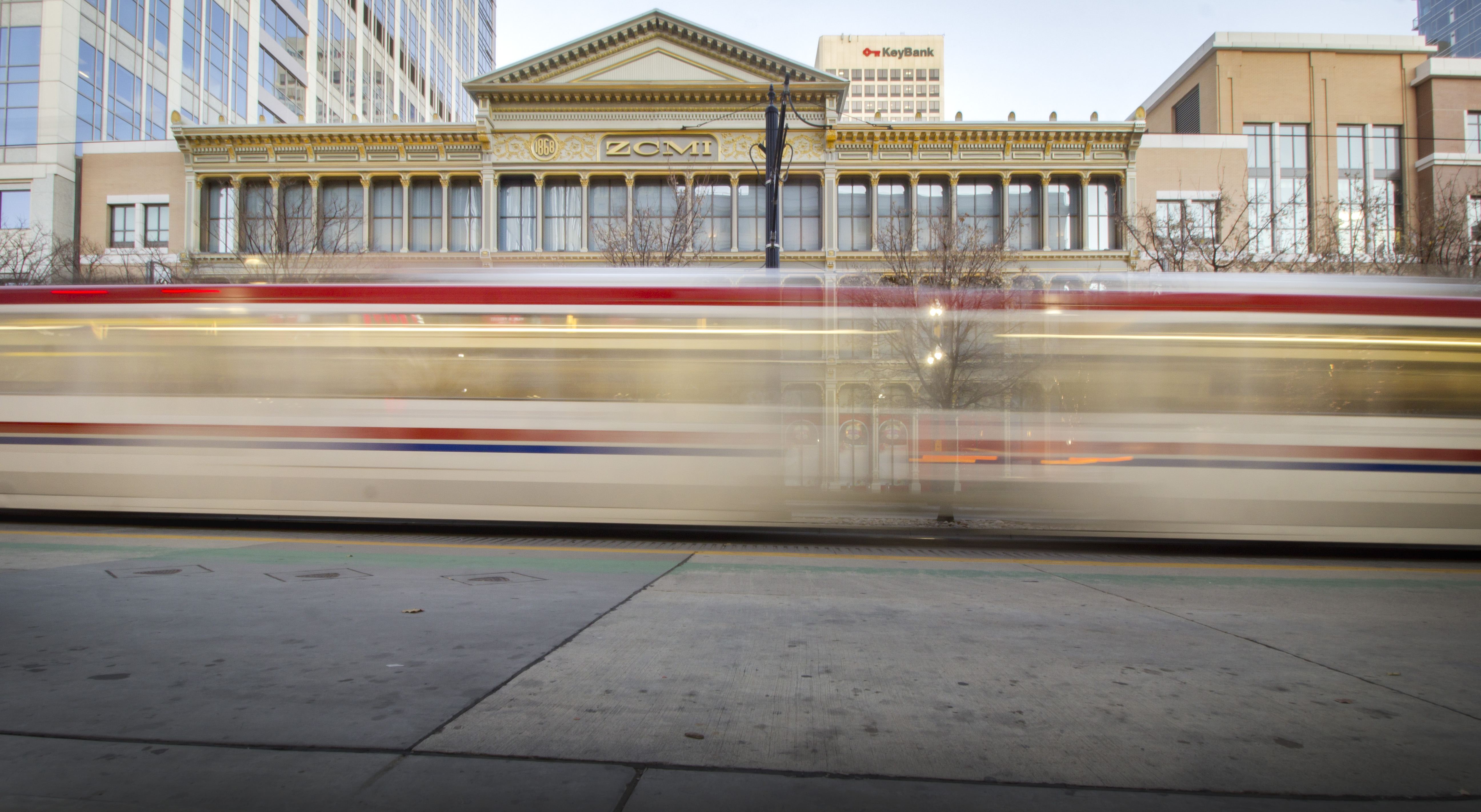 A TRAX train moves by the Macy's at City Creek in downtown Salt Lake City on Tuesday, Nov. 14, 2017. The facade of the building remains the same as the old ZCMI building. (Carter Williams, KSL.com)