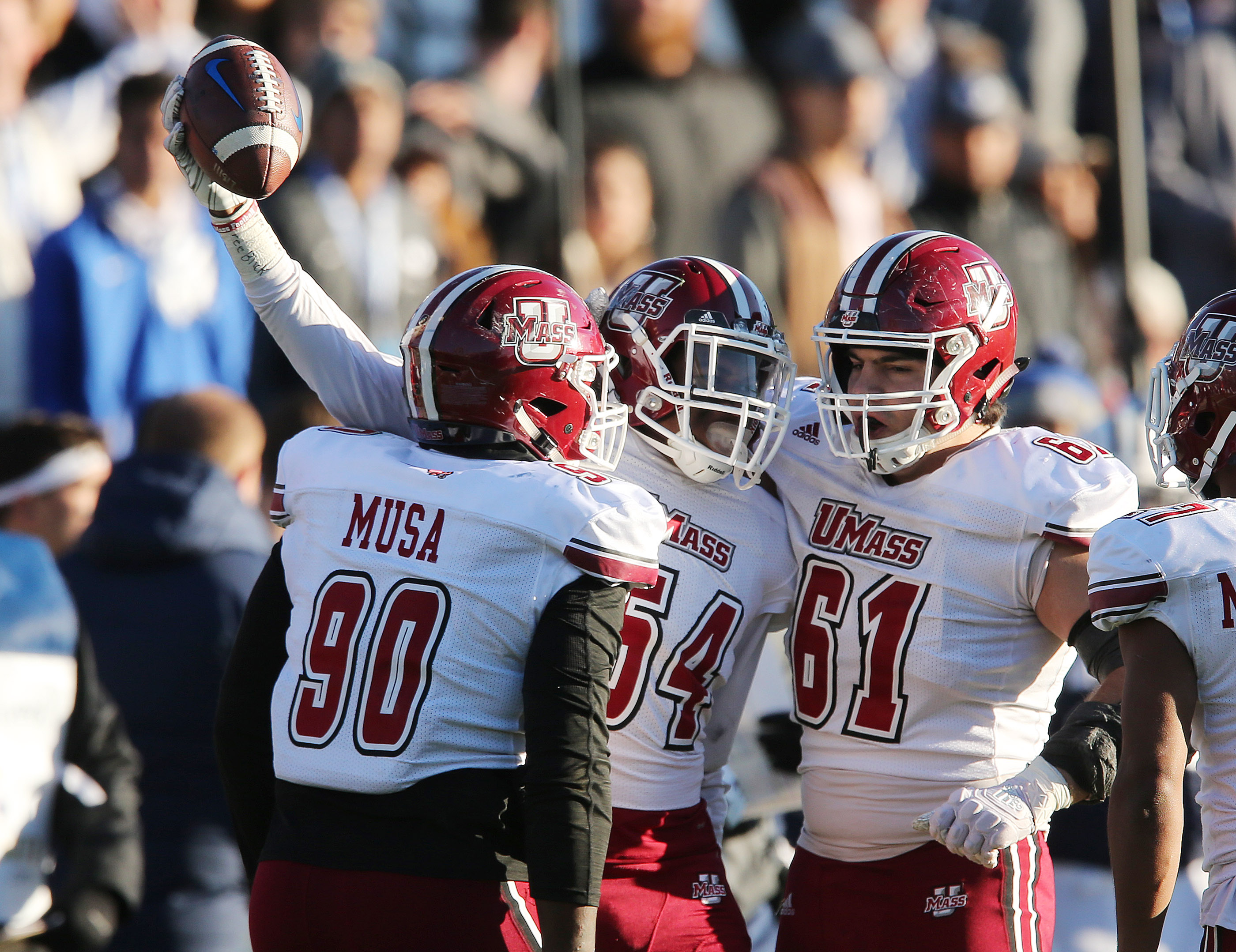 Massachusetts Minutemen linebacker Leon Flanagan Jr. (54) intercepts the Brigham Young Cougars pass in Provo on Saturday, Nov. 18, 2017. (Photo: Jeffrey D. Allred, Deseret News)