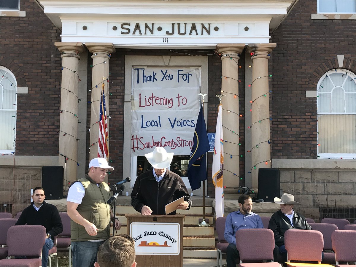 About 250 people gathered at the San Juan County Courthouse in Monticello to show their support for the monument reductions. Some said they were grateful that President Trump decided to listen to rural voices. (Photo: Alex Cabrero, KSL TV)