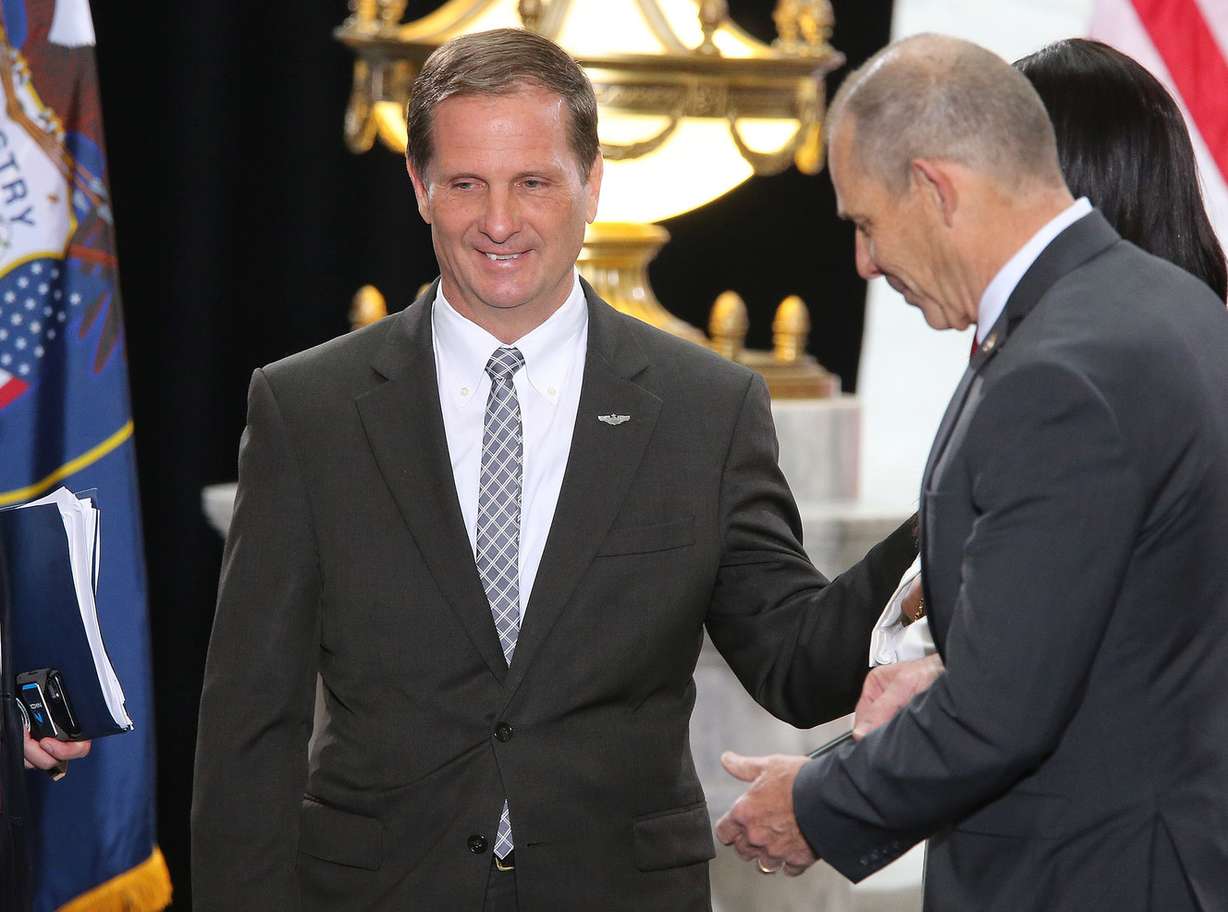 Rep. Chris Stewart, R-Utah, talks with Rep. John Curtis, R-Utah, prior to President Donald Trump's arrival at the Capitol in Salt Lake City on Monday, Dec. 4, 2017. (Photo: Jeffrey D. Allred, KSL)