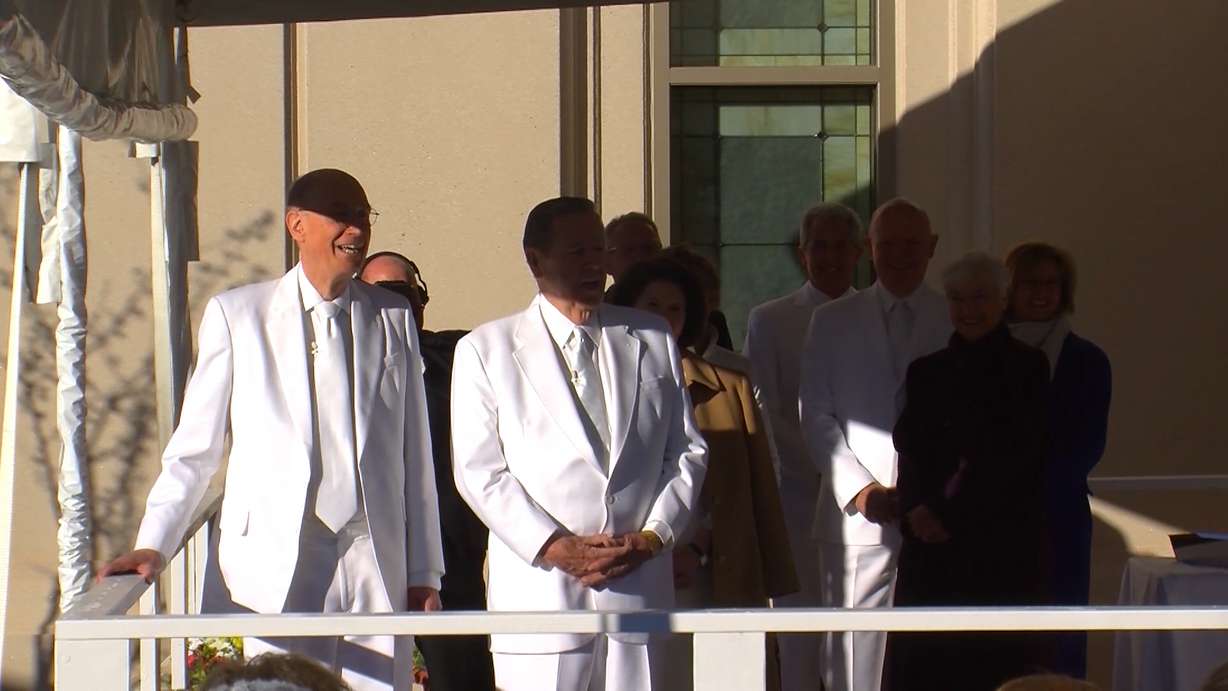 President Henry B. Eyring (left) and Elder Jeffrey R. Holland at the cornerstone ceremony of the Cedar City Utah Temple on Dec. 10, 2017. (Photo: KSL TV)