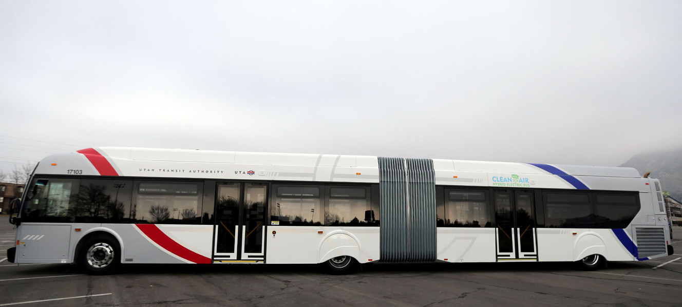 A new hybrid electric bus that will be used in the bus rapid transit system, set to open in August, is pictured in the LaVell Edwards Stadium parking lot in Provo on Thursday, Dec. 14, 2017. Photo: Kristin Murphy, KSL