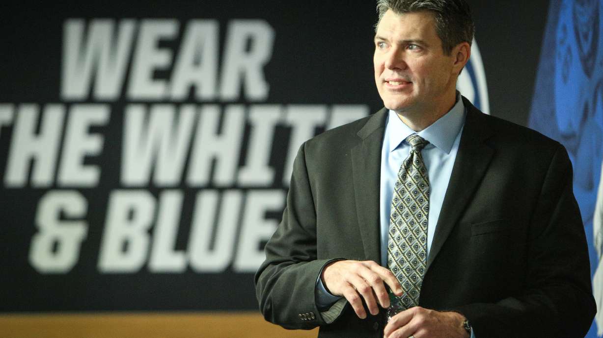 Jeff Grimes speaks during the press conference introducing him as the new Offensive Coordinator for the BYU football program in Provo South on Saturday, Dec. 16, 2017.