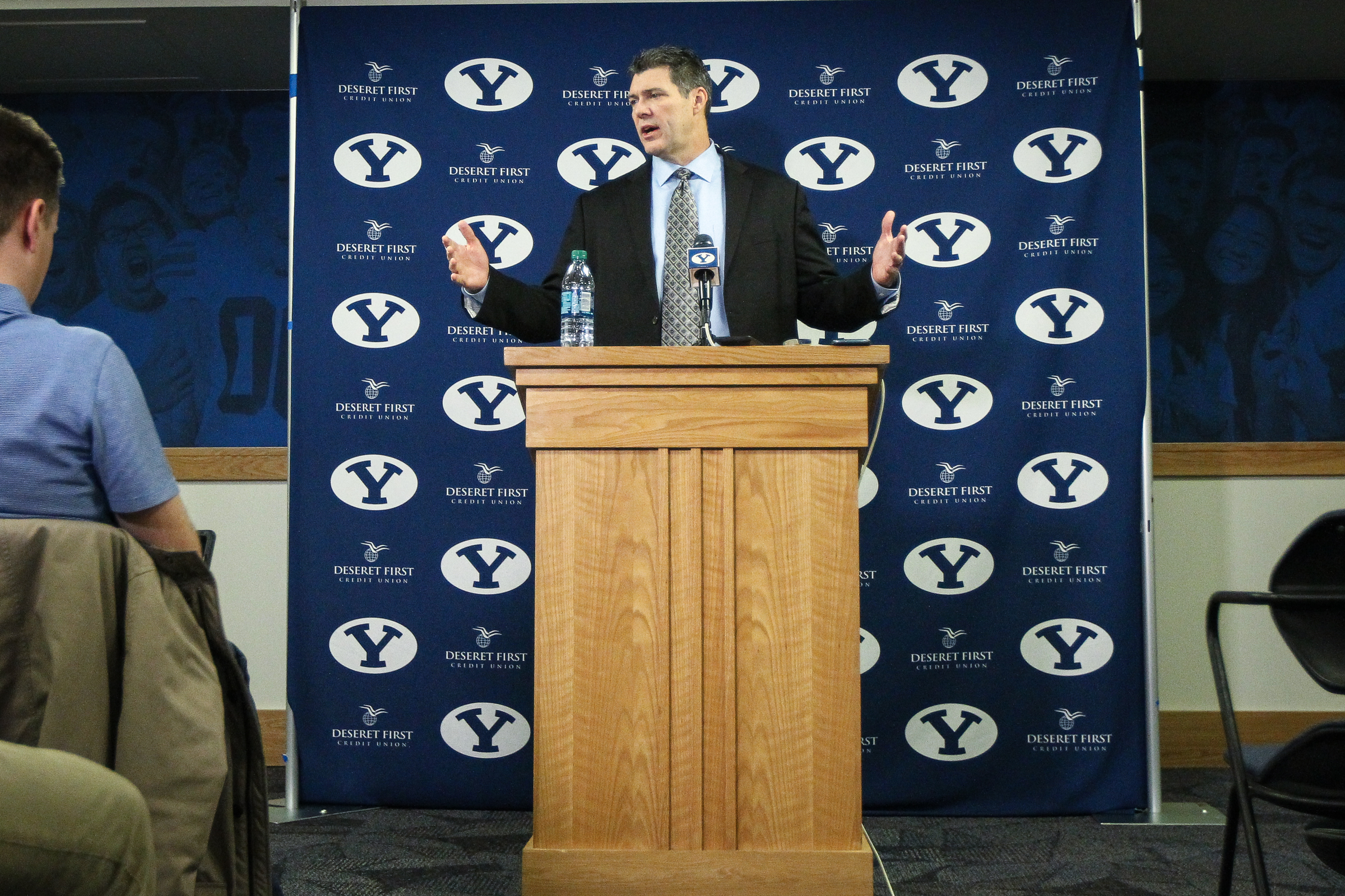 Jeff Grimes speaks during the press conference introducing him as the new Offensive Coordinator for the BYU football program in Provo South on Saturday, Dec. 16, 2017. (Photo: Adam Fondren, Deseret News)