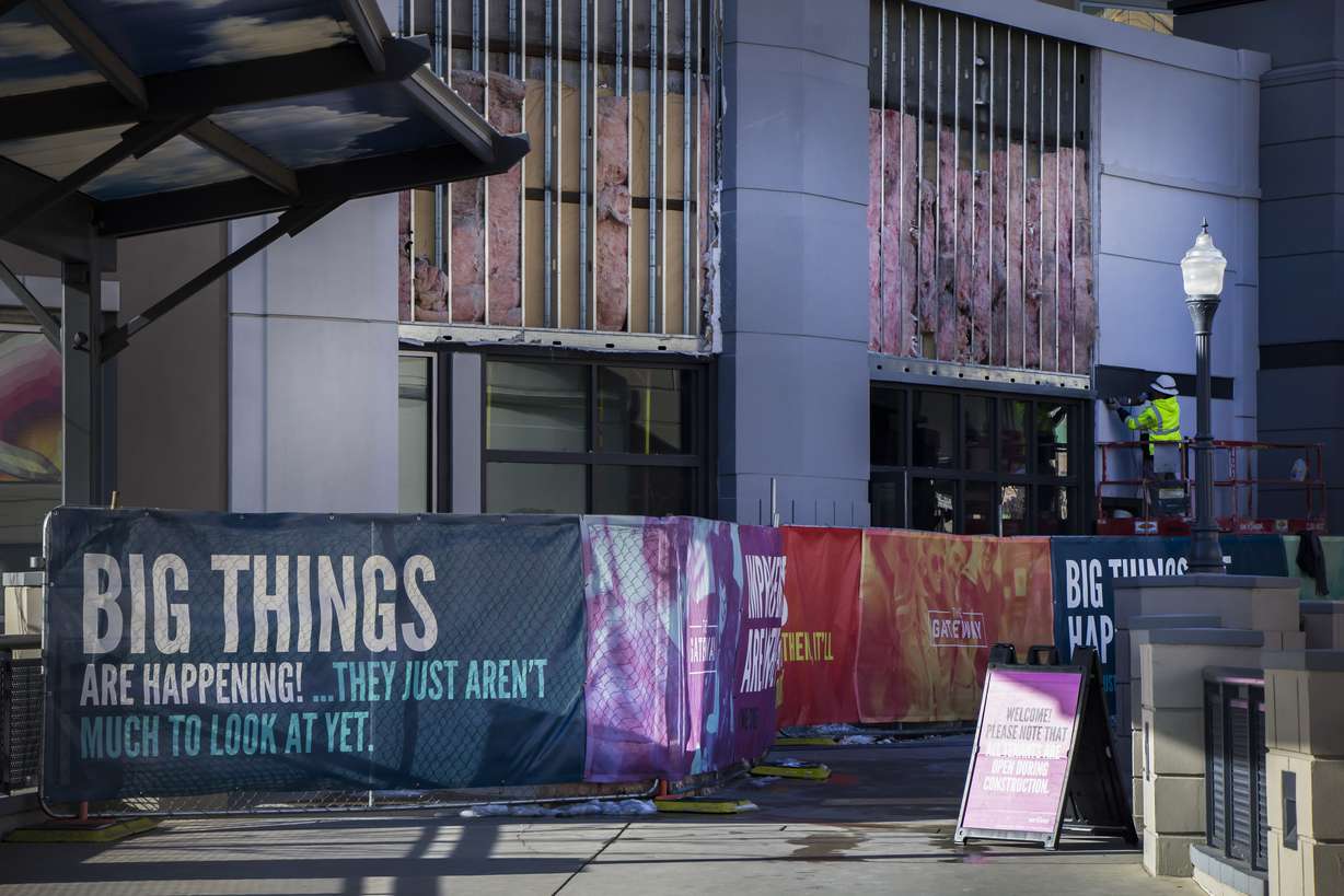 A construction worker works on a section of the new Dave & Busters location at The Gateway. The business is expected to open in 2018. (Carter Williams, KSL.com)