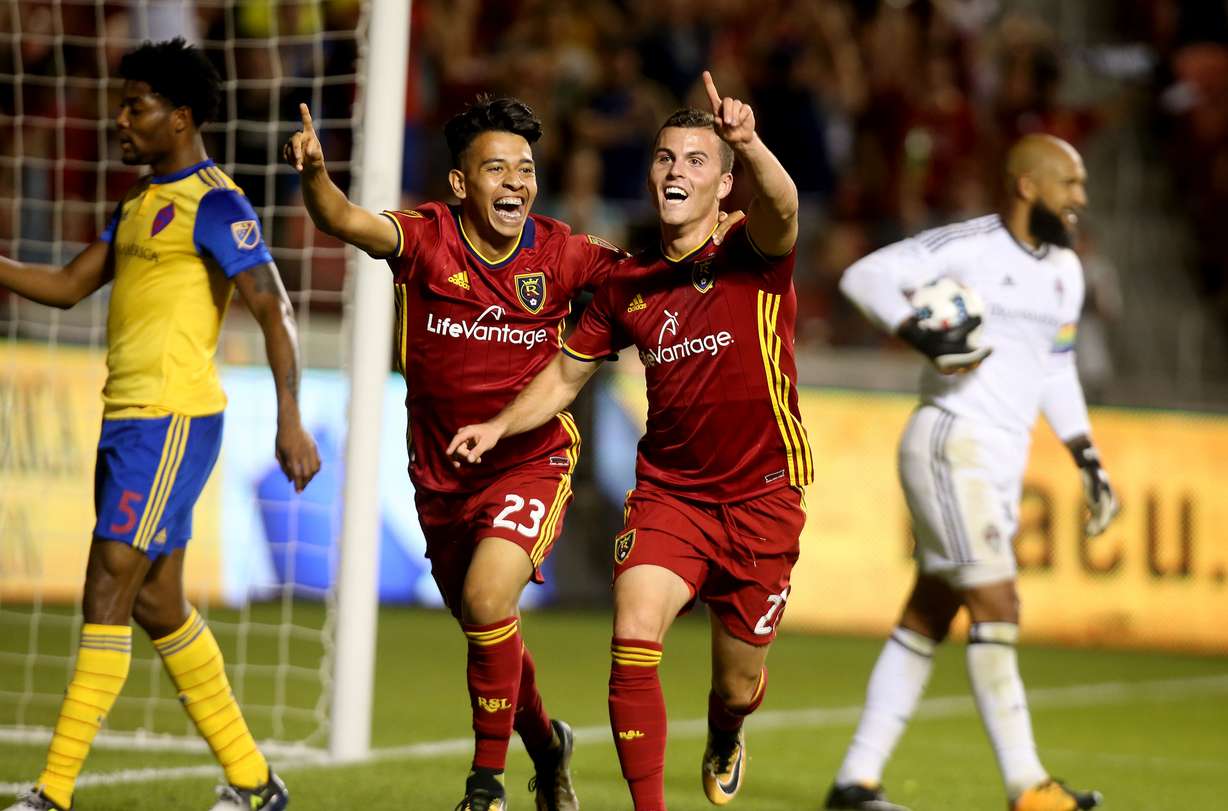 Real Salt Lake midfielder Sebastian Saucedo (23) and Real Salt Lake forward Brooks Lennon (27) celebrate Lennon's goal against Colorado at Rio Tinto Stadium in Sandy on Saturday, Aug. 26, 2017. (Photo: Laura Seitz, Deseret News)