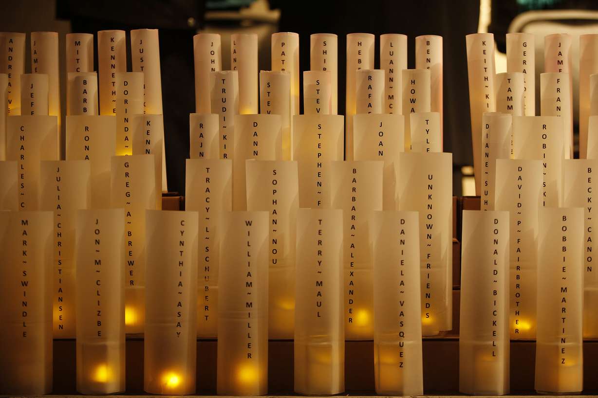 Names are listed on candles for the deceased during the Homeless Persons Memorial at Pioneer Park in Salt Lake City on Thursday, Dec. 21, 2017. (Photo: Jeffrey D. Allred, KSL)
