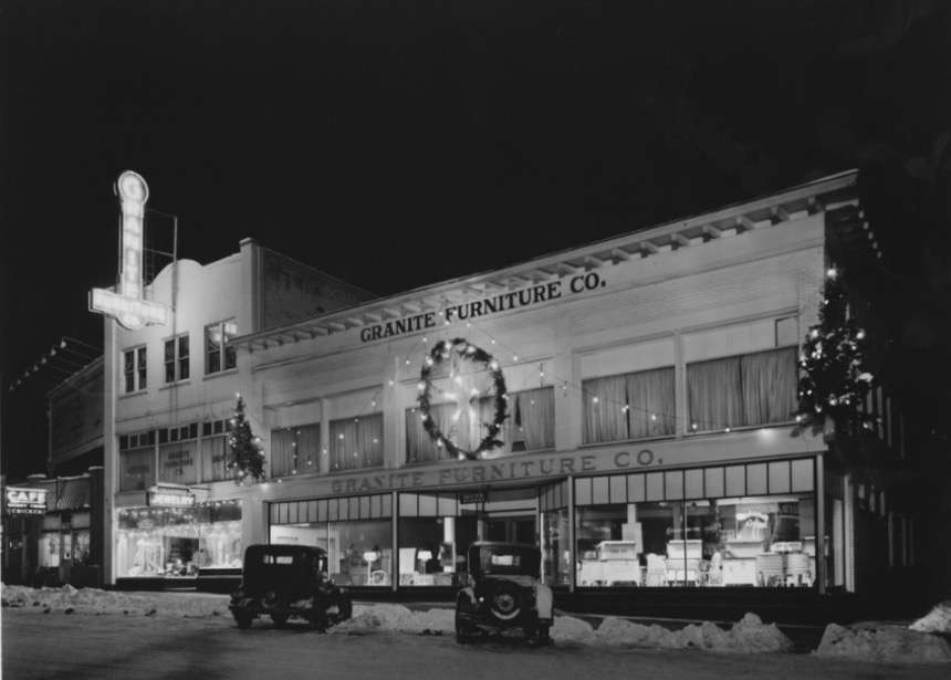 A photo of the Granite Furniture Co. building with Christmas lights on it taken sometime in the 1940s or 1950s. (Photo: Utah State History)