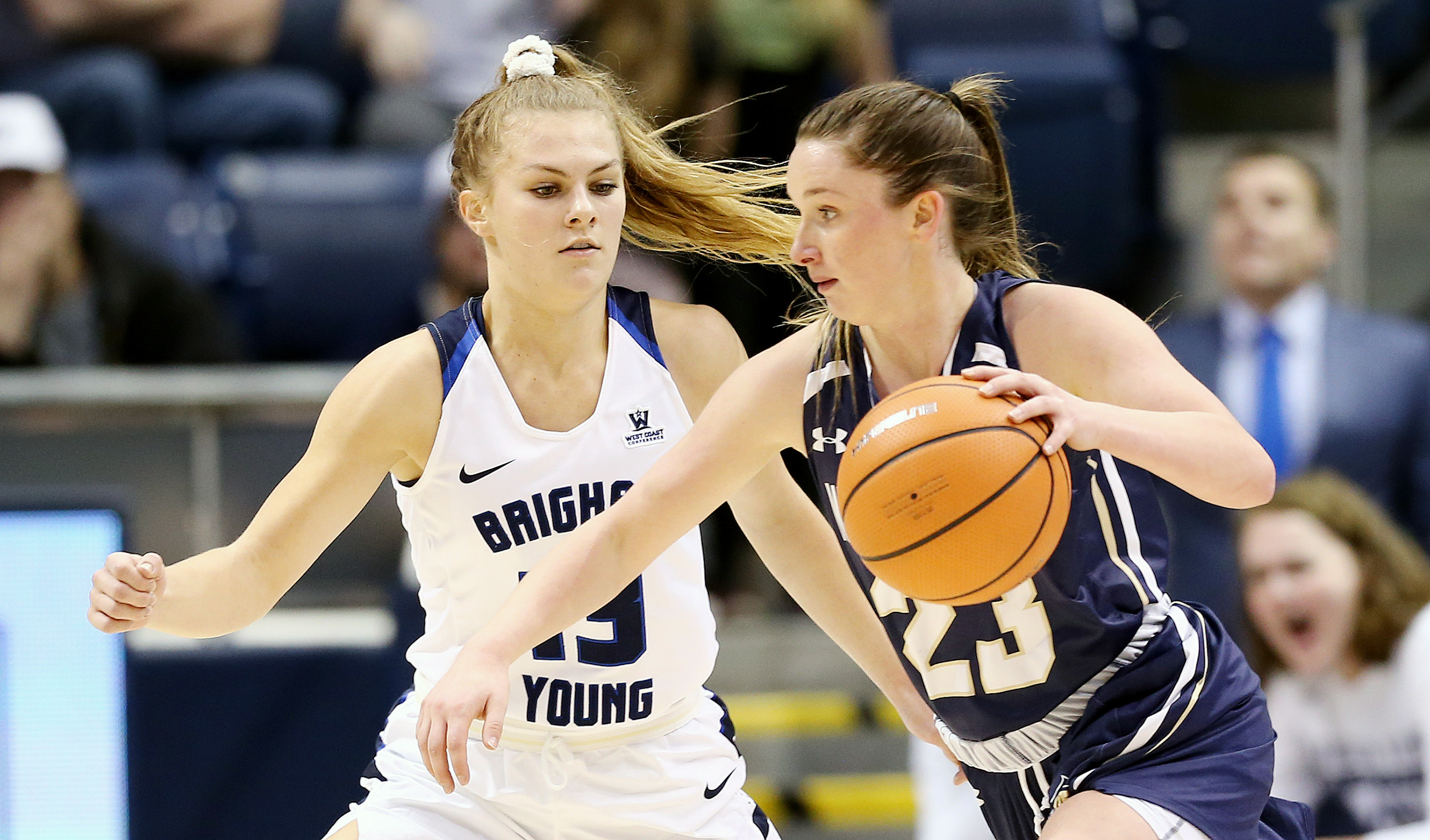 BYU guard Paisley Johnson (13) works to defend Montana State guard Hannah Caudill (23) as BYU and Montana State women play an NCAA basketball game in Provo at the Marriott Center on Friday, Dec. 22, 2017. (Photo: Scott G Winterton, Deseret News)