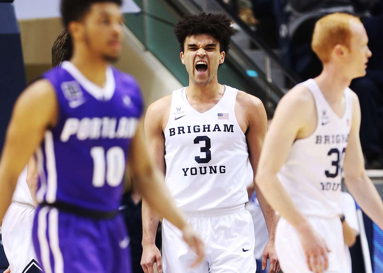 BYU guard Elijah Bryant (3) shouts after a Cougar defensive stop in Provo on Thursday, Dec. 28, 2017. (Photo: Jeffrey D. Allred, Deseret News)
