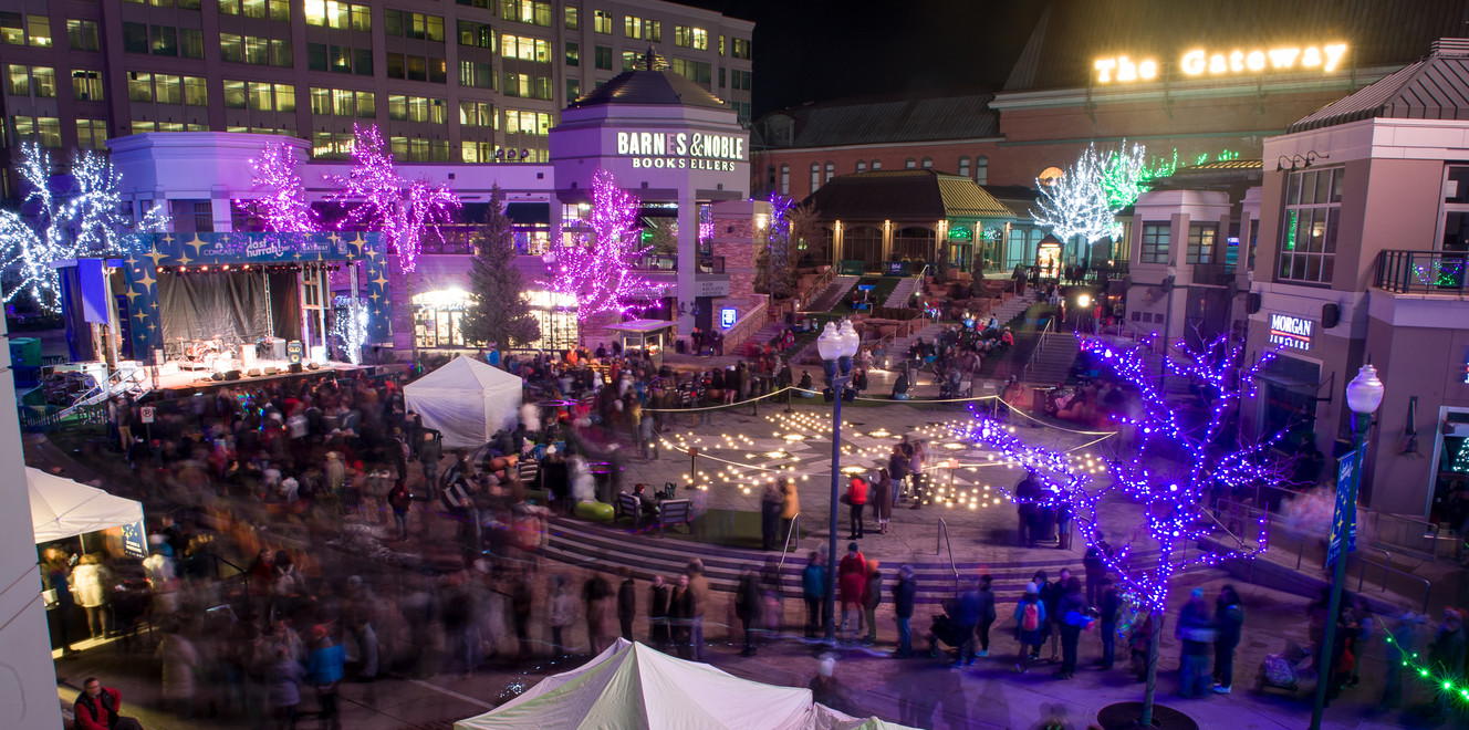 The plaza of live music, food trucks and vendors flows with people during Last Hurrah, a downtown New Year's Eve party and festival at the Gateway in Salt Lake City on Sunday, Dec. 31, 2017. (Photo: Adam Fondren, KSL)