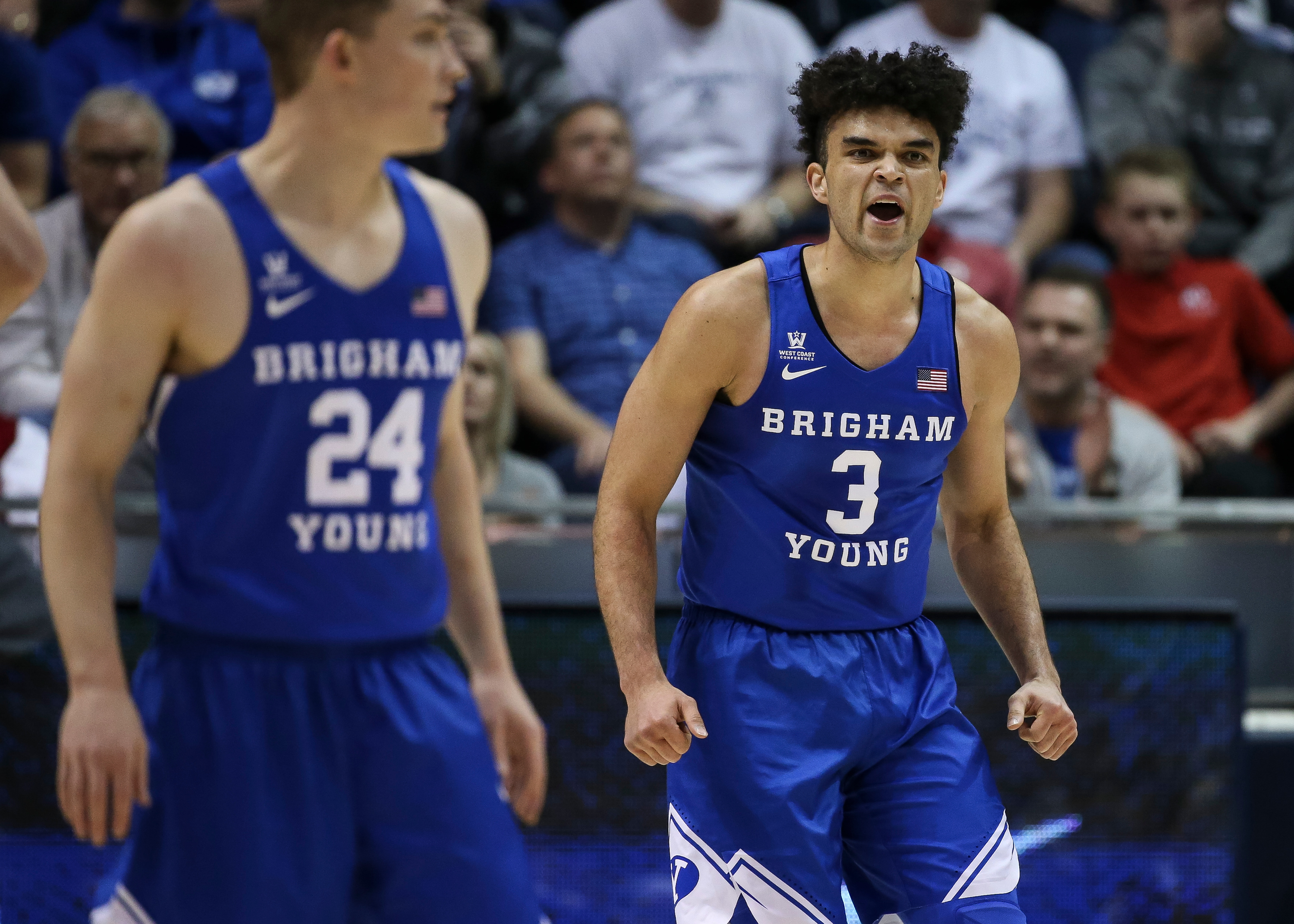 BYU guard Elijah Bryant (3) gets hyped up during the game against the Utah Utes at the Marriott Center in Provo on Saturday, Dec. 16, 2017. (Photo: Spenser Heaps, Deseret News)