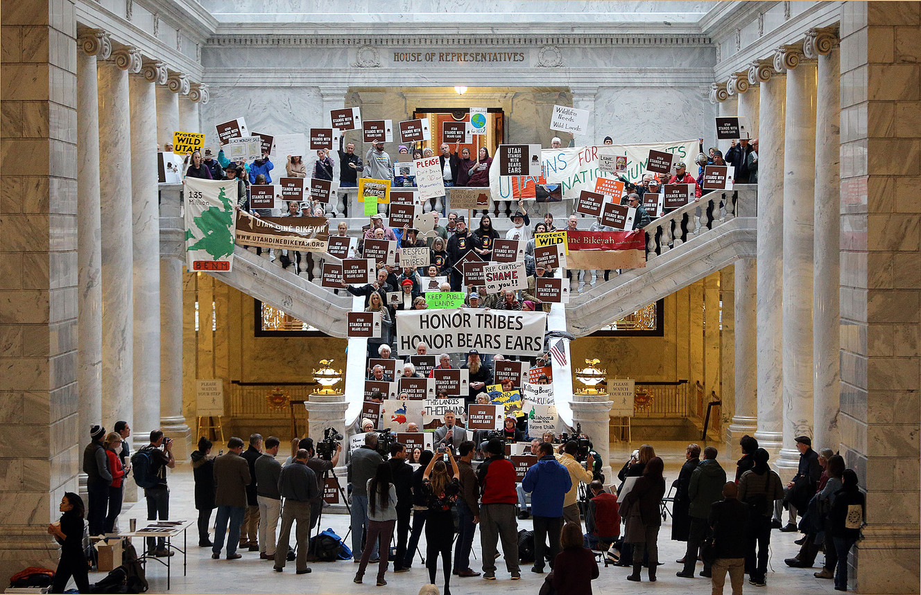 Protesters show their opposition to HR4532, sponsored by Rep. John Curtis, and its impact on Bears Ears National Monument at the state Capitol in Salt Lake City on Tuesday, Jan. 9, 2018. (Photo: Kristin Murphy, KSL)