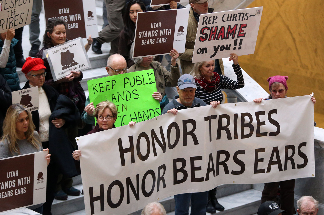 Protesters show their opposition to HR4532, sponsored by Rep. John Curtis, and its impact on Bears Ears National Monument at the state Capitol in Salt Lake City on Tuesday, Jan. 9, 2018. (Photo: Kristin Murphy, KSL)