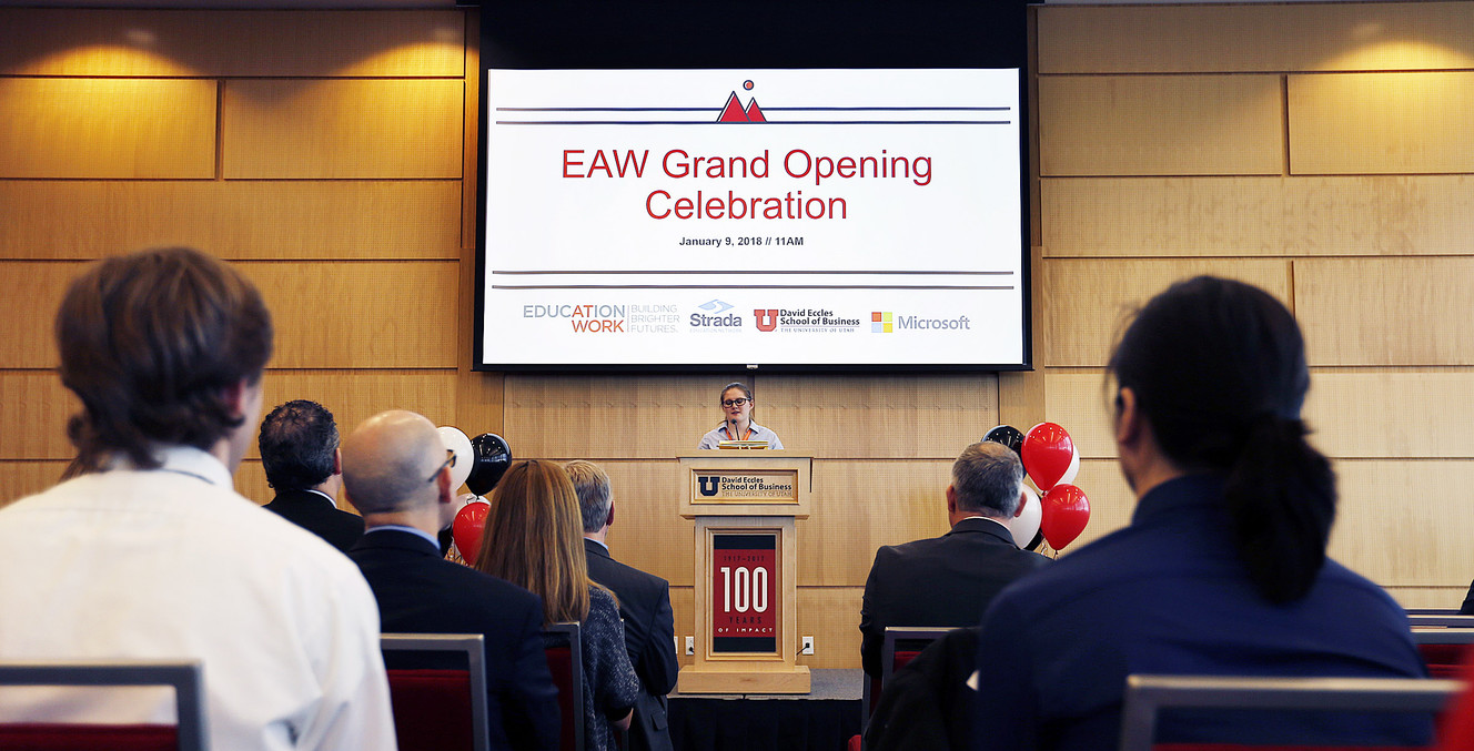 Student Kindra Lingenfelter speaks during a grand opening celebration for Education at Work’s new offices in Salt Lake City on Tuesday, Jan. 9, 2018. (Photo: Ravell Call, KSL)