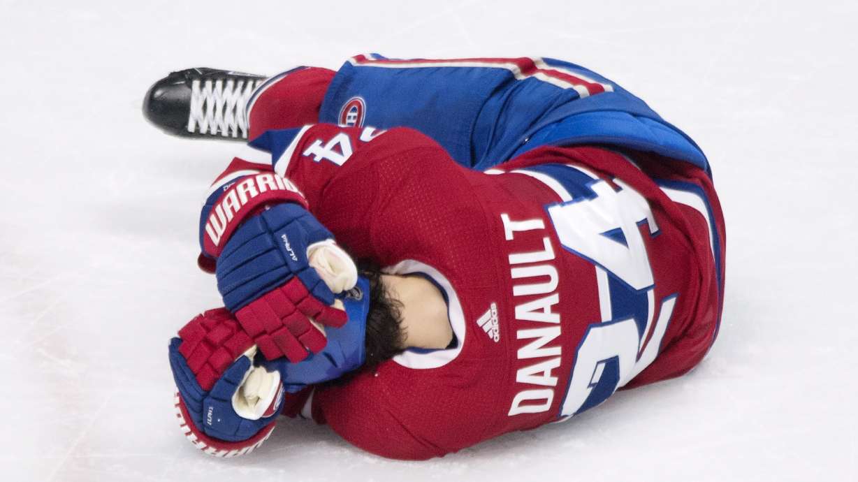 Canadiens F Danault hit in head by Chara slap shot
