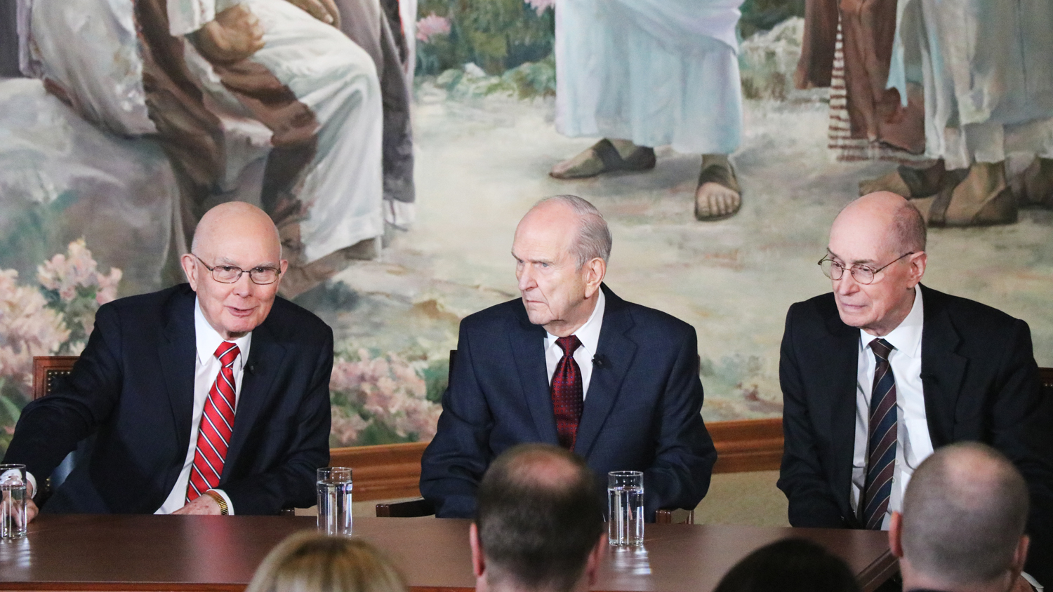 President Russell M. Nelson, newly called president of the LDS Church, along with counselors President Dallin H. Oaks and President Henry B. Eyring are introduced to members of the media after being set apart as members of the First Presidency (Photo: Josh Furlong, KSL.com).