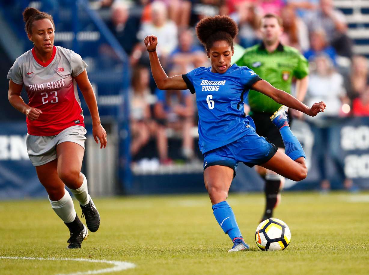 BYU forward Nadia Gomes takes a shot on goal early in the second half against Ohio State, August 21, 2017. (Photo: Jaren Wilkey, BYU Photo)