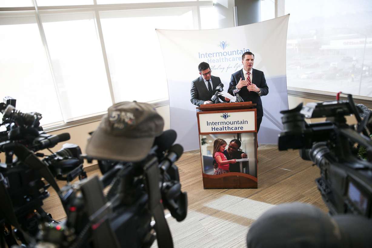 Dr. Marc Harrison, CEO and president of Intermountain Healthcare, and Dan Liljenquist, vice president of Intermountain's Enterprise Initiative Office, speak about the health care system's new generic drug enterprise during a press conference at the Intermountain Salt Lake Clinic in Salt Lake City on Thursday, Jan. 18, 2018. (Photo: Spenser Heaps, KSL)