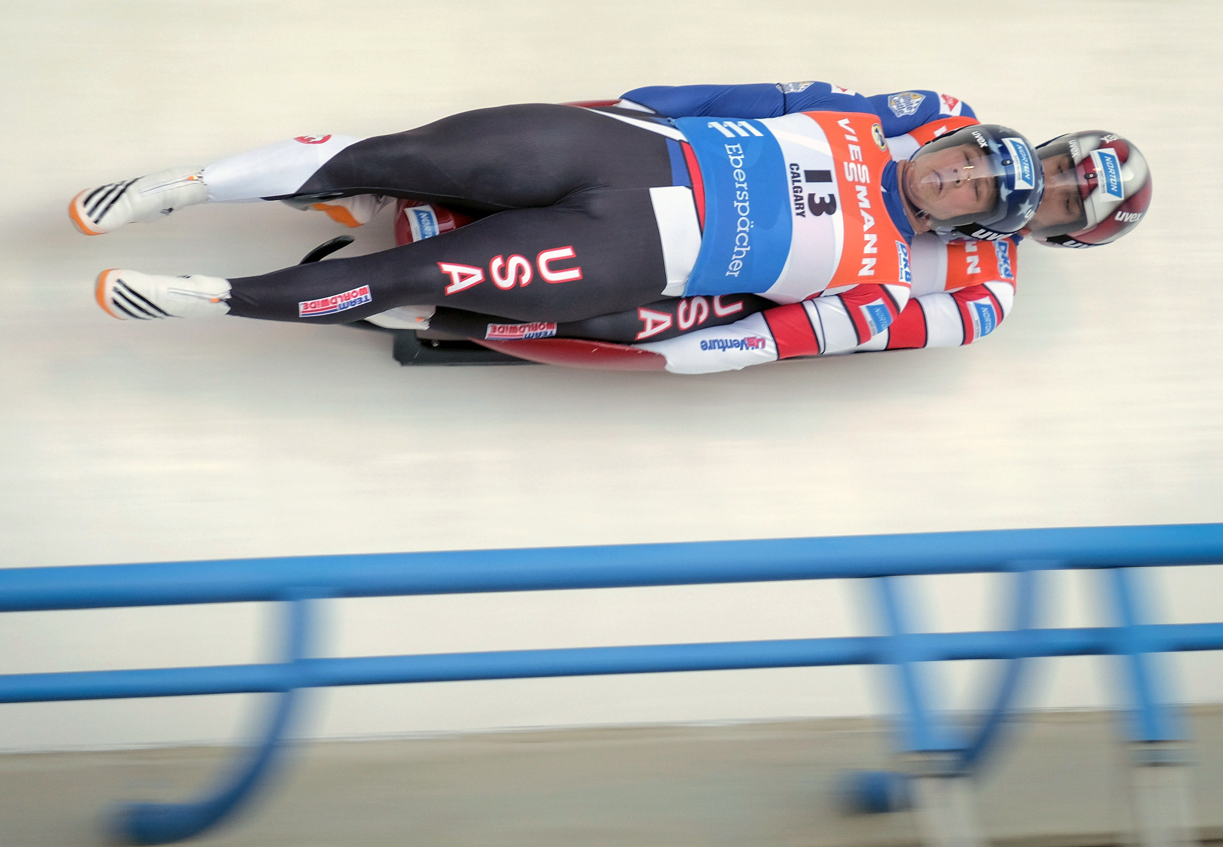 No joke: Mortensen, Terdiman aiming at a doubles luge medal