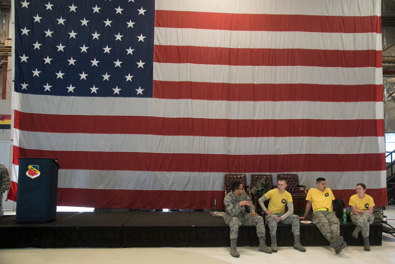 Senior Airman Tyus Stoltenburg, left, of Milwaukee, Wisc., Senior Airman Nathan West, of Thatcher, Ariz., Airman 1st Class Eustacio Marquez, of Annawan, Ill., and Staff Sgt. Kayla Bruns, of Taylorville, Ill., chat after the conclusion of an F-35A weapons loading competition at Hill Air Force Base on Friday, Jan. 19, 2018. (Photo: Jacob Wiegand, KSL)