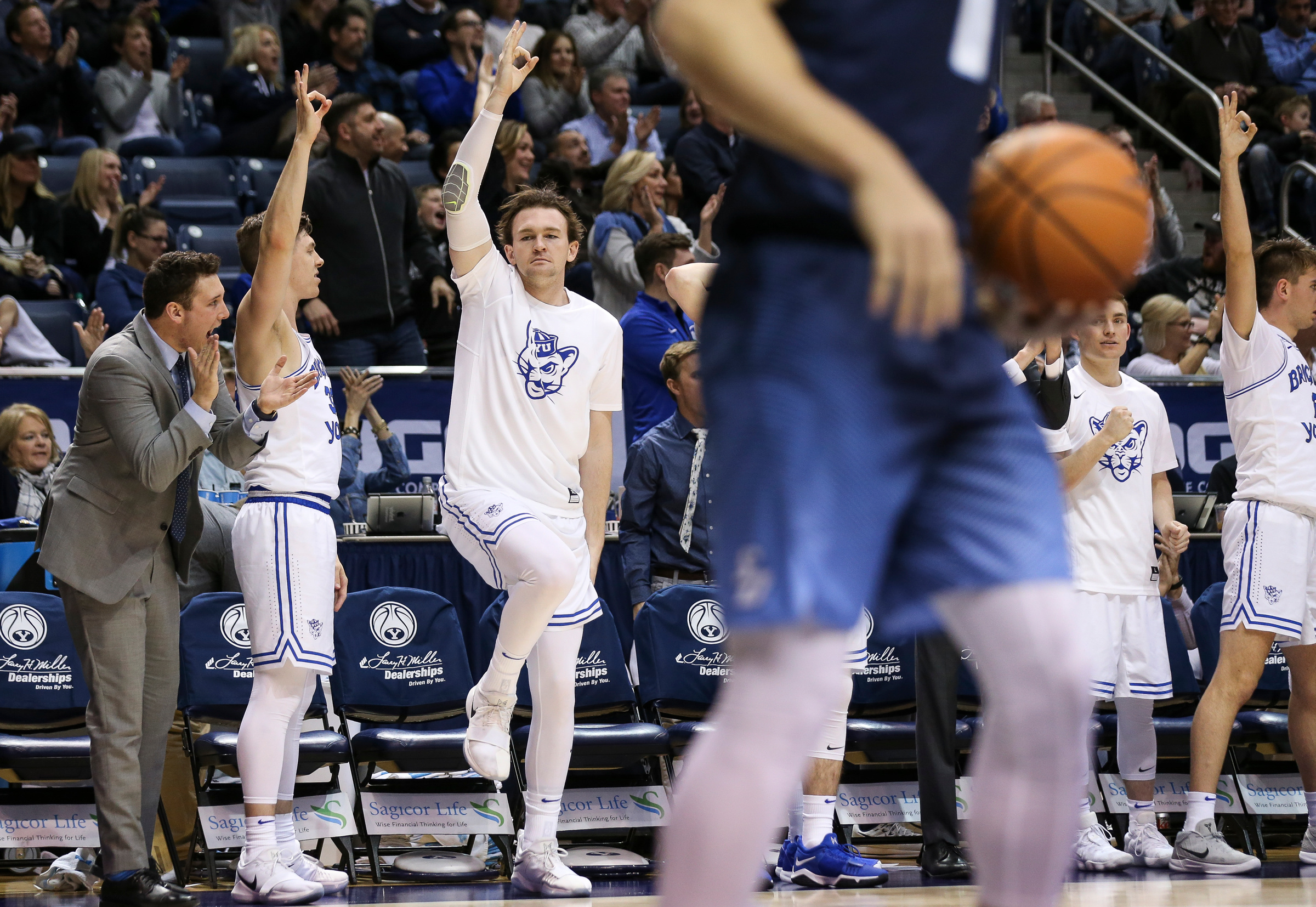 The Brigham Young bench cheers after a point against San Diego at the Marriott Center in Provo on Saturday, Jan. 20, 2018. (Photo: Spenser Heaps, Deseret News)