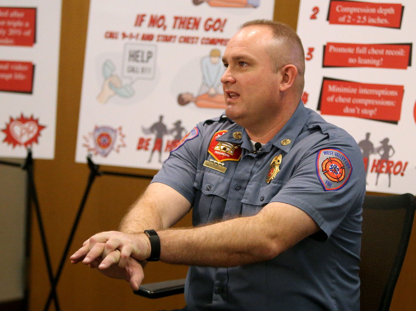 West Valley City Fire Capt. Nate Hansen shows the correct hand positioning for hands-on CPR as part of the fire department’s Hands-Only CPR campaign at Fire Station 74 on Wednesday, Jan. 24, 2018. (Photo: Kristin Murphy, KSL)