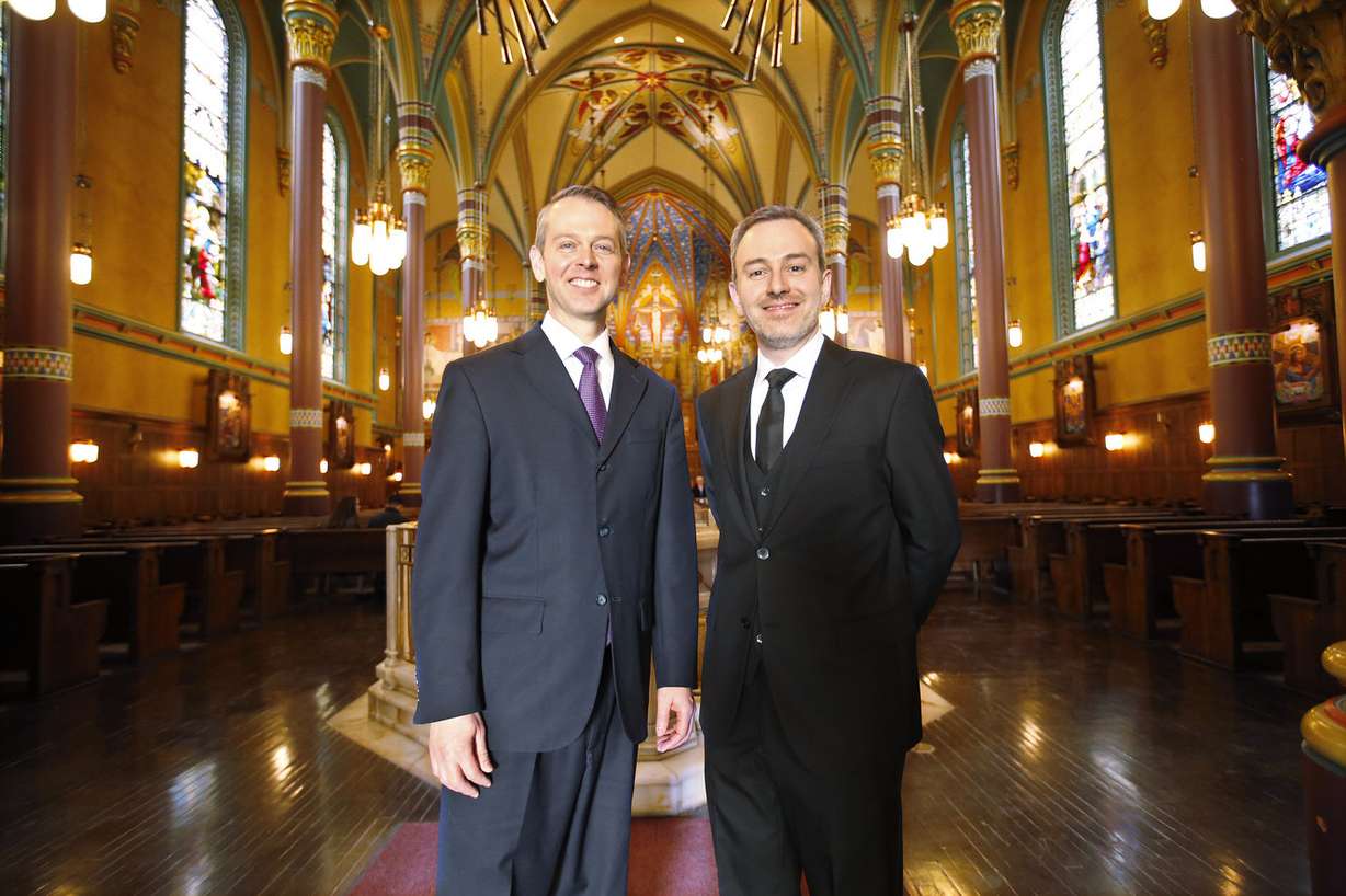 Andrew Unsworth, left, an organist at the LDS Tabernacle, stands with Gabriele Terrone prior to playing the organ at the Cathedral of the Madeleine for Terrone's wedding in Salt Lake City on Saturday, Jan. 27, 2018. Terrone, the cathedral's organist, is a former organist at Santa Maria Maggiore, one of the four major churches in Rome. (Photo: Jeffrey D. Allred, KSL)