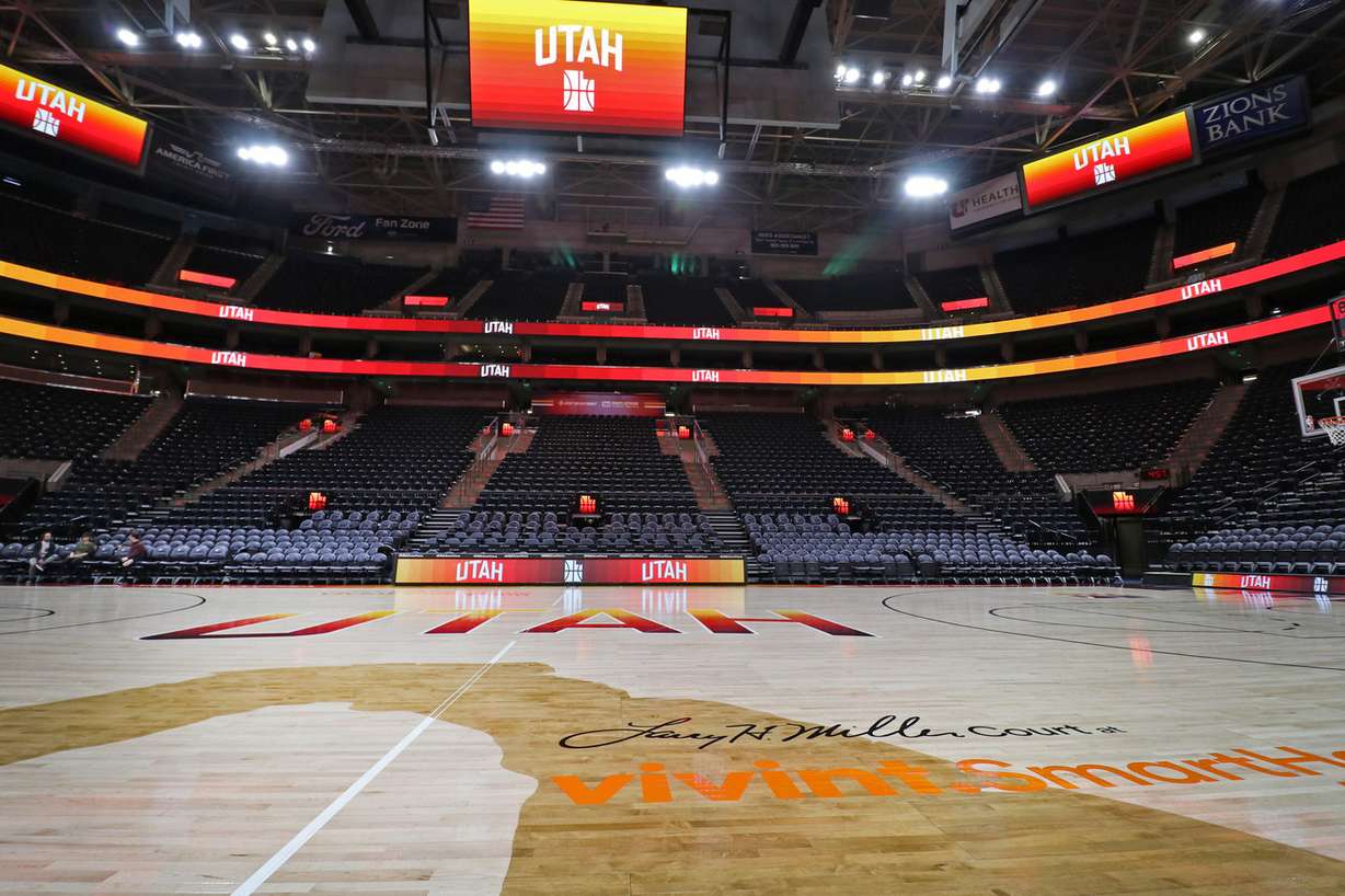 The court design for Utah Jazz's "City Edition" uniform games, which will debut Tuesday against Golden State. The Jazz will use the alternate court design six times this season. (Photo: Carter Williams, KSL.com)