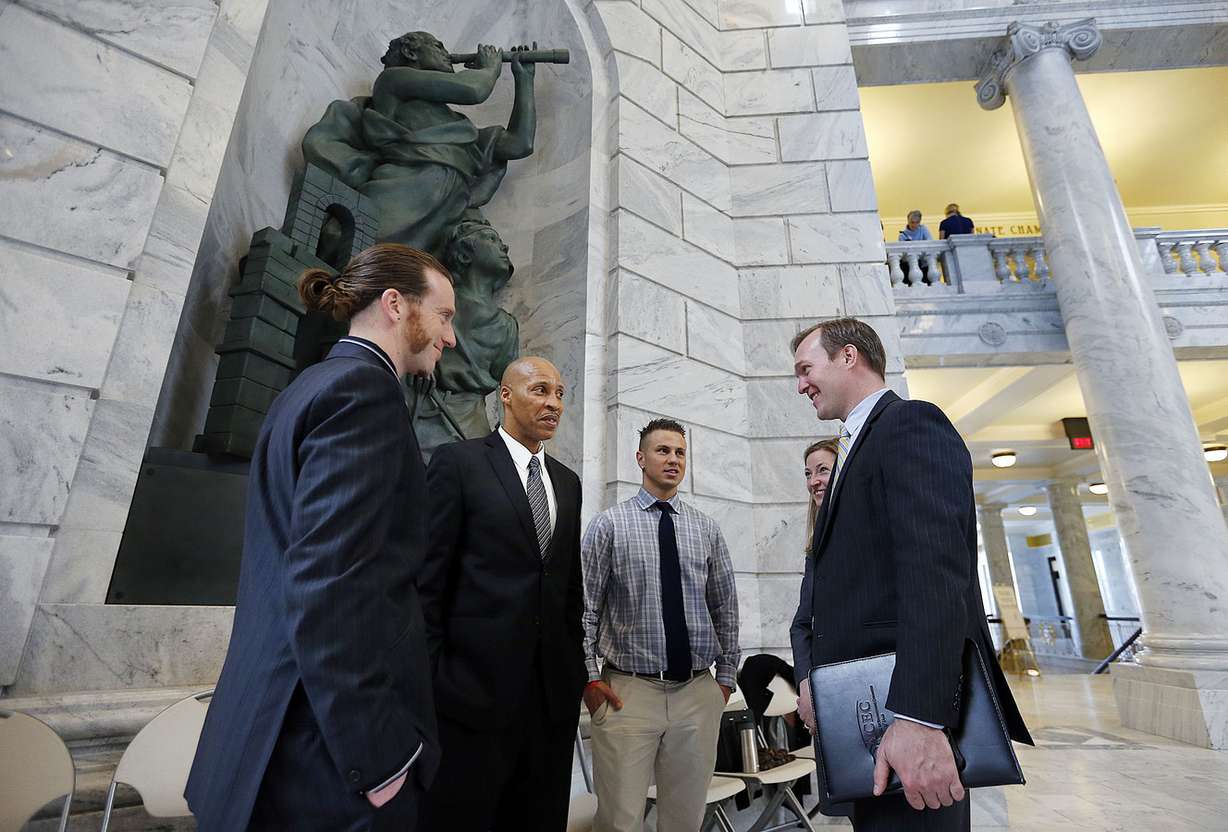 Salt Lake County Mayor Ben McAdams, right, talks with Branden Jenkins, Cedric Willis and Mikhail Kotlov at the Capitol in Salt Lake City on Thursday, Feb. 1, 2018. Willis, Jenkins and Kotlov are clients of Operation Rio Grande's specialty drug court. At back right is Noella Sudbury, McAdams' senior policy adviser on criminal justice. (Photo: Ravell Call, KSL)