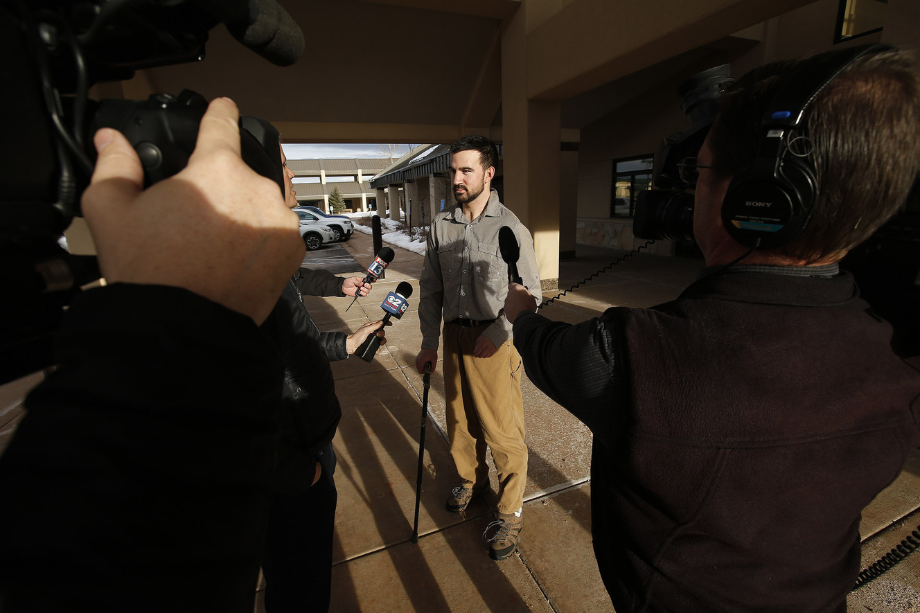 Jeremy Morgan talks with members of the media after meeting with 3rd District Judge Kent Holmberg in Summit County on Thursday, Feb. 1, 2018. Morgan was summoned to show cause for not showing up for jury duty on Dec. 12, 2017. On that day, 36 people did not show up for jury duty, forcing the judge to declare a mistrial in the case of three men accuse of gang-raping a 9-year-old girl because the potential jury pool was too small. (Photo: Jeffrey D. Allred, KSL)