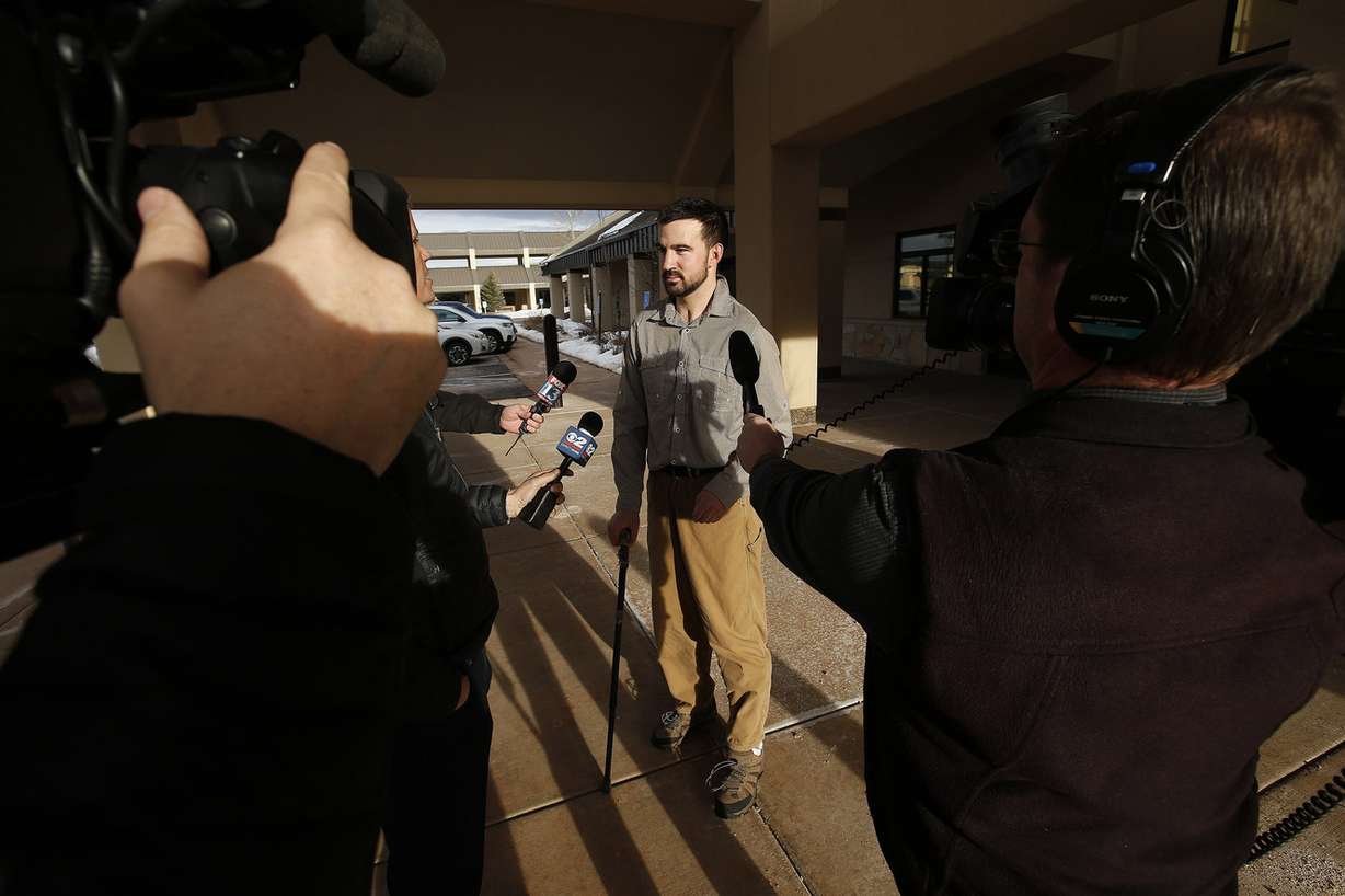 Jeremy Morgan talks with members of the media after meeting with 3rd District Judge Kent Holmberg in Summit County on Thursday, Feb. 1, 2018. Morgan was summoned to show cause for not showing up for jury duty on Dec. 12, 2017. On that day, 36 people did not show up for jury duty, forcing the judge to declare a mistrial in the case of three men accuse of gang-raping a 9-year-old girl because the potential jury pool was too small. (Photo: Jeffrey D. Allred, KSL)