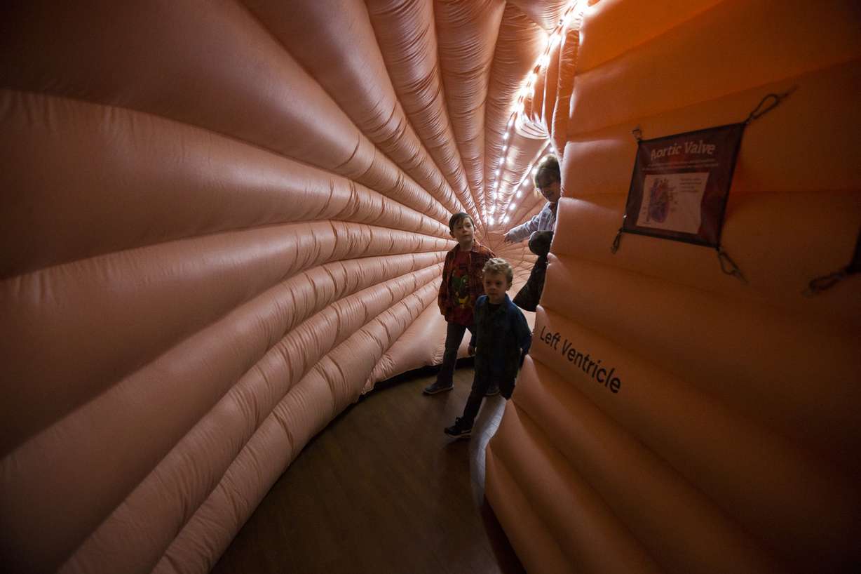 Brothers Adam, 7, and Brewer Swartzfheer, 5, tour a mega heart, an inflatable version of the organ, with their grandmother, Connie Johnson, of Murray, during Heartbeat 2018, Intermountain Healthcare's Community Heart Fair in Murray on Saturday, Feb. 3, 2018. The event offered spectators a chance to learn about heart health, as well as take part in activities such as touring the inflatable heart, examining emergency vehicles and meeting with therapy animals. (Photo: Jacob Wiegand, KSL)