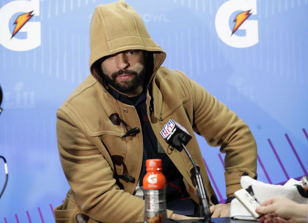 New England Patriots' Kyle Van Noy speaks at a news conference after losing to the Philadelphia Eagles in the NFL Super Bowl 52 football game Sunday, Feb. 4, 2018, in Minneapolis. (AP Photo, Frank Franklin II)