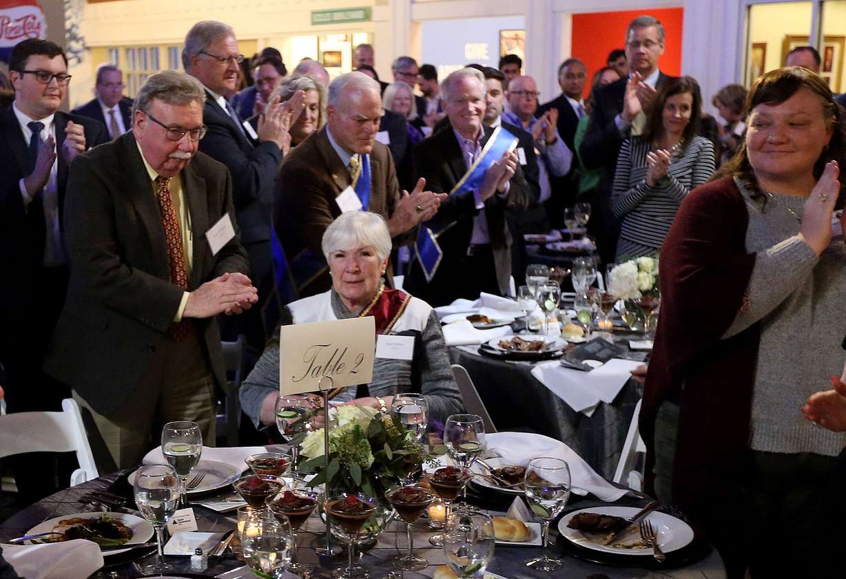 The crowd gives Gail Miller a standing ovation as she is inducted into the Junior Achievement Utah Business Hall of Fame. Photo: Kristin Murphy, KSL