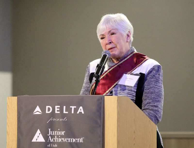 Gail Miller speaks after being inducted into the Junior Achievement Utah Business Hall of Fame at Junior Achievement City in the Gateway Mall in Salt Lake City on Tuesday, Feb. 6, 2018. (Photo: Kristin Murphy, KSL) - Kristin Murphy, Deseret News