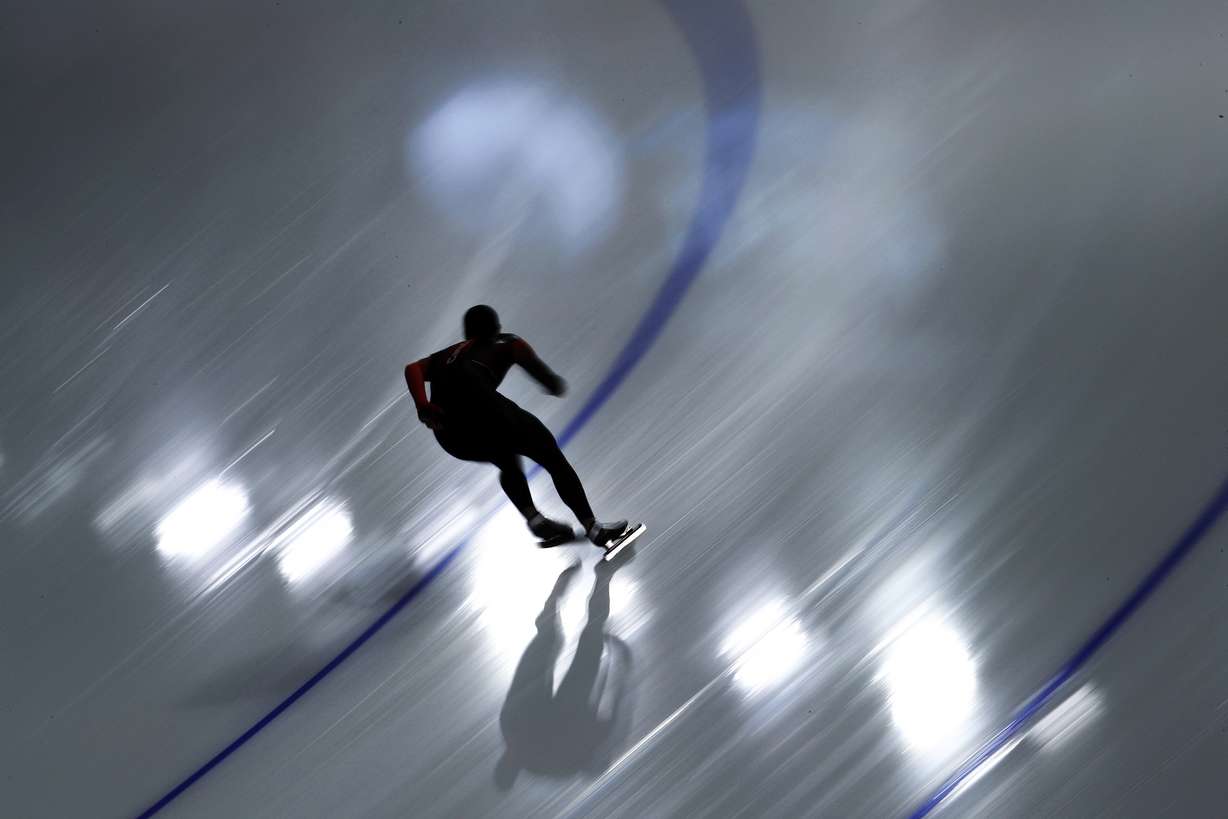 A skater practices at the Gangneung Oval during a speed skating training session prior to the 2018 Winter Olympics in Gangneung, South Korea, Thursday, Feb. 8, 2018. (AP Photo/John Locher)