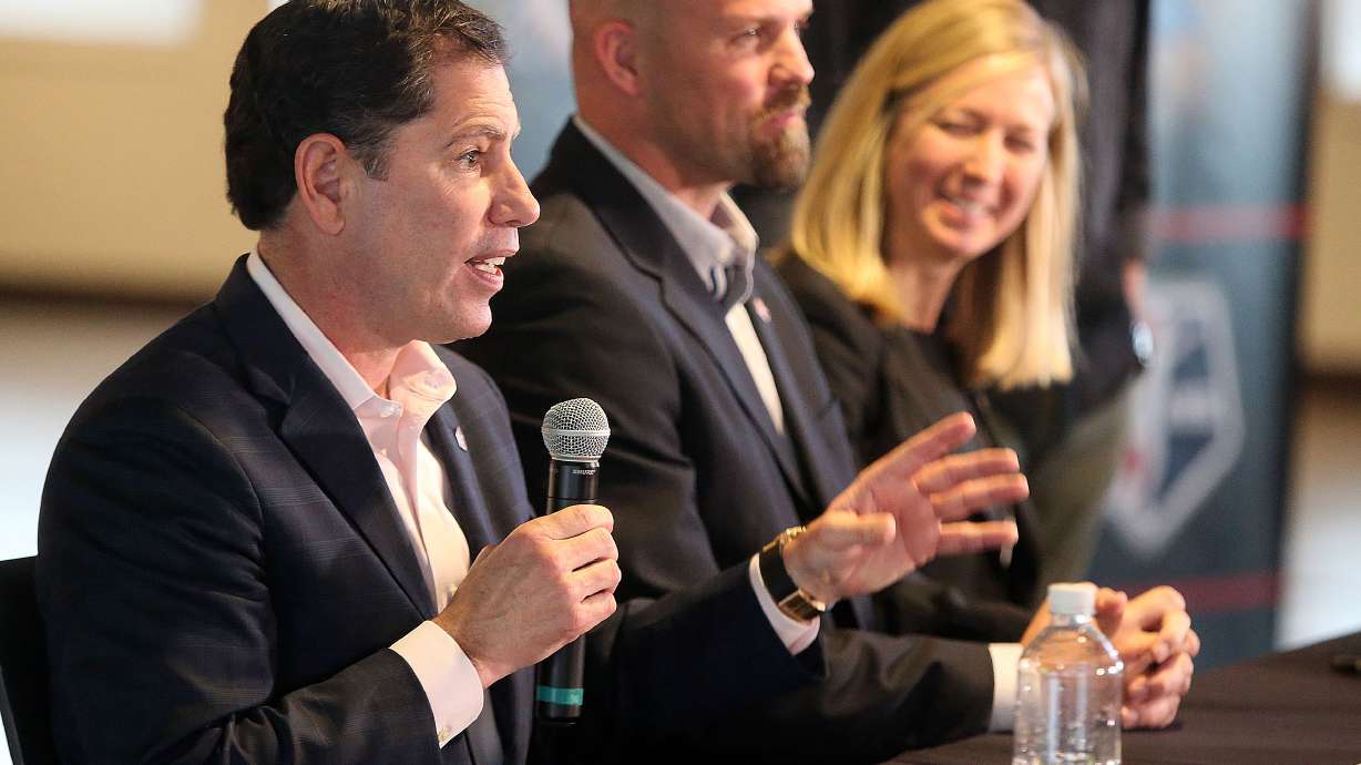 Andy Carroll, Real Salt Lake chief business officer, talks about a new National Women's Soccer League team coming to Utah during a press conference at Rio Tinto Stadium in Sandy on Thursday, Nov. 16, 2017.