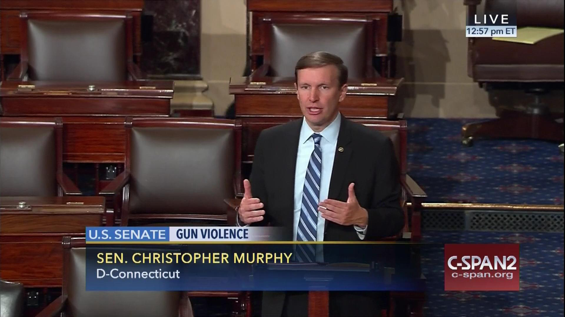This frame grab provided by C-SPAN shows Sen. Chris Murphy, D-Conn. speaking on the floor of the Senate on Capitol Hill in Washington, Wednesday, June 15, 2016, where he launched a filibuster demanding a vote on gun control measures. (Senate Television via AP, File)
