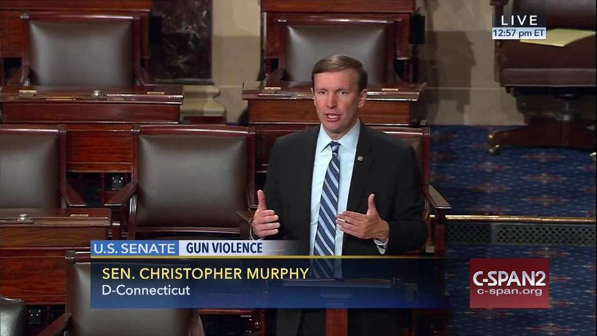 This frame grab provided by C-SPAN shows Sen. Chris Murphy, D-Conn. speaking on the floor of the Senate on Capitol Hill in Washington, Wednesday, June 15, 2016, where he launched a filibuster demanding a vote on gun control measures. (Senate Television via AP, File)