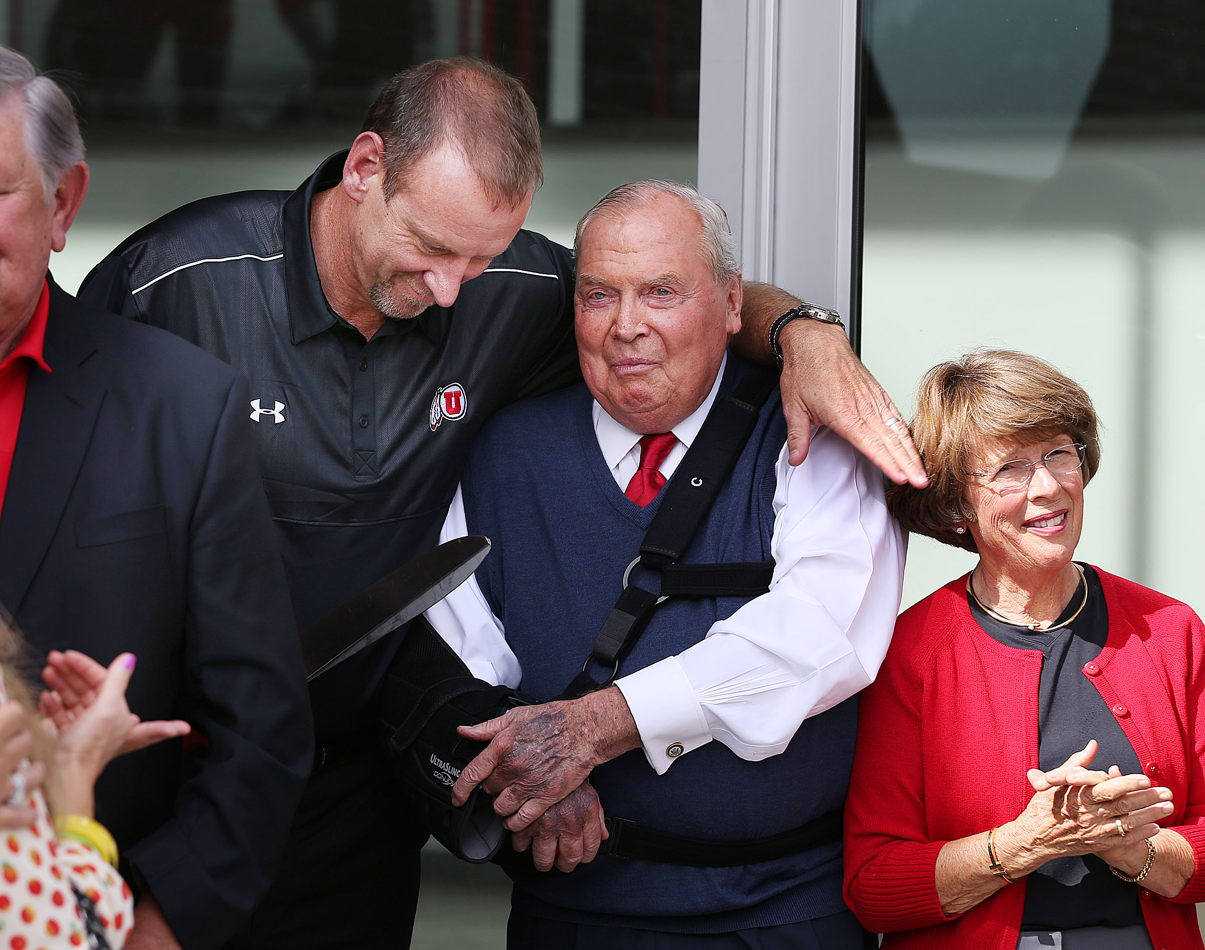 Jon M. Huntsman, center, greets basketball coach Larry Krystkowiak after the ribbon cutting for the Jon M. and Karen Huntsman Basketball Facility at the University of Utah in Salt Lake City, Thursday, Oct. 1, 2015. At right is Karen Huntsman. (Photo: Ravell Call, Deseret News, File)