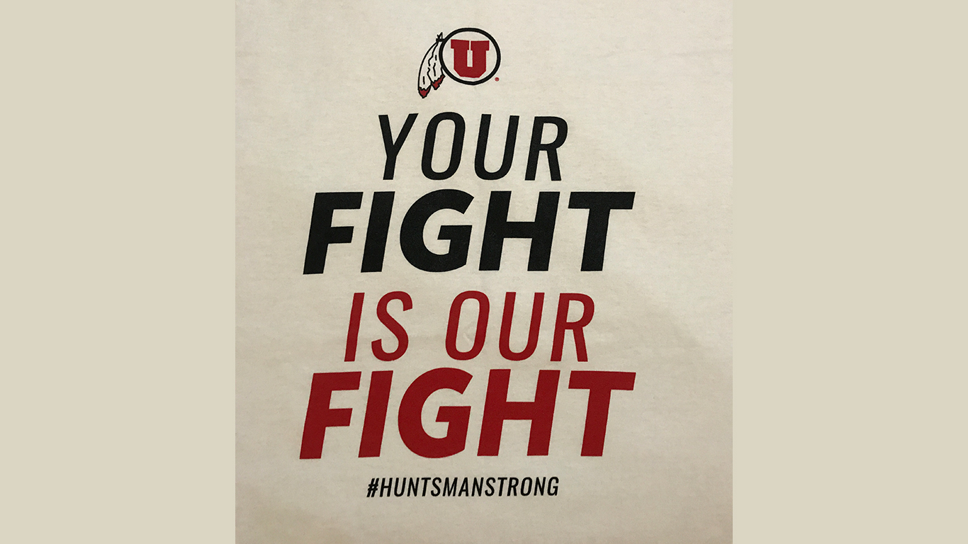 The University of Utah handed out t-shirts with a saying honoring Jon M. Huntsman Sr. Thursday night. (Photo: Josh Furlong, KSL.com)