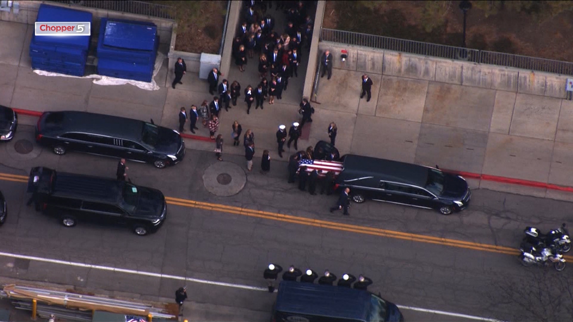Jon M. Huntsman Sr.'s casket was carried by family members after funeral services in the Huntsman Center. (Photo: KSL Chopper 5)